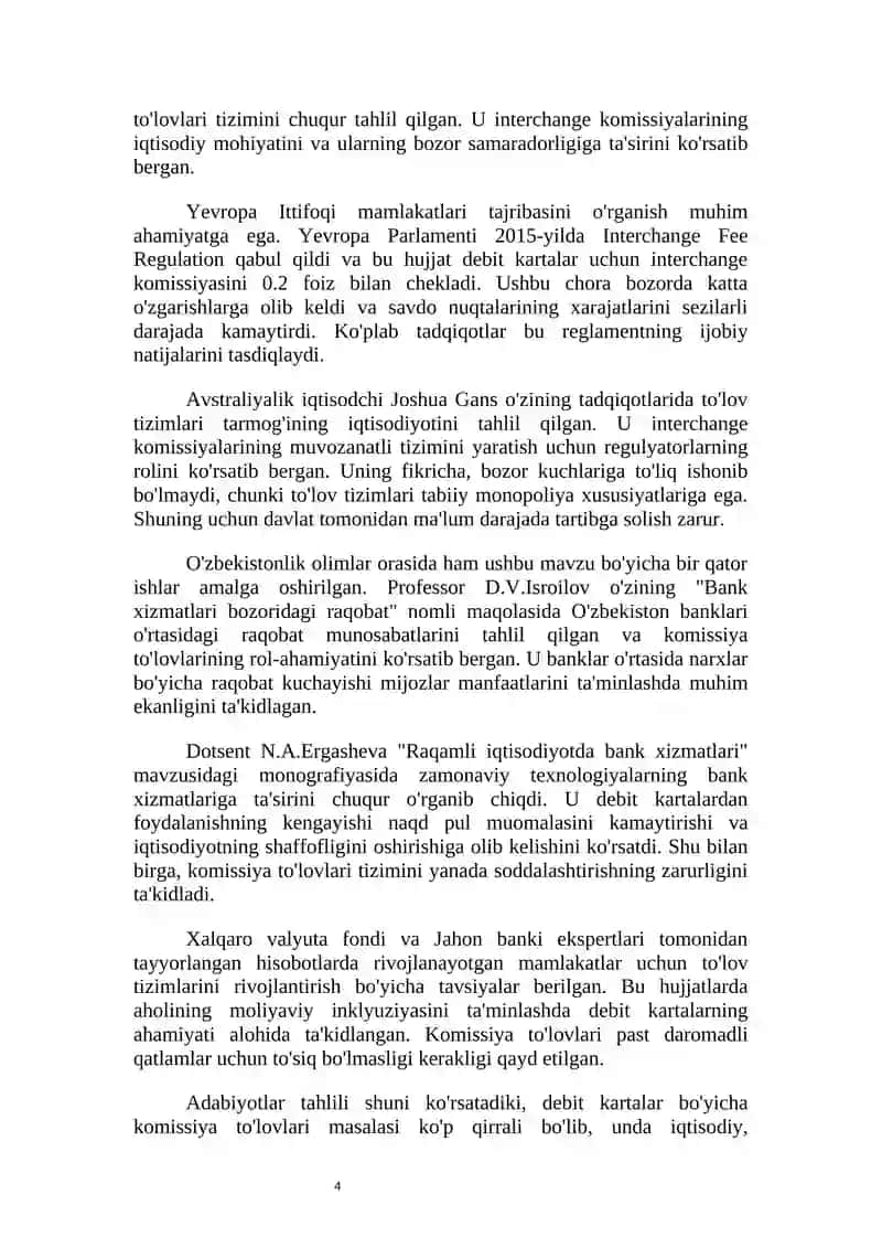 TIJORAT BANKLARIDA DEBIT KARTALAR BO'YICHA KOMISSIYA TO'LOVLARINI RIVOJLANTIRISH 4