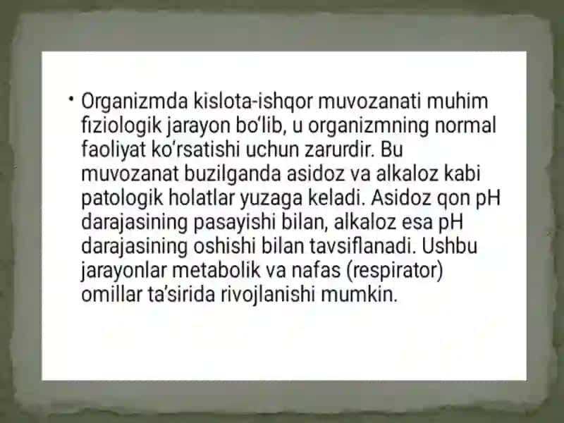 Nafas va metabolik atsidoz, alkalozlari kelib chiqishi, biokimyoviy tashxisi 4