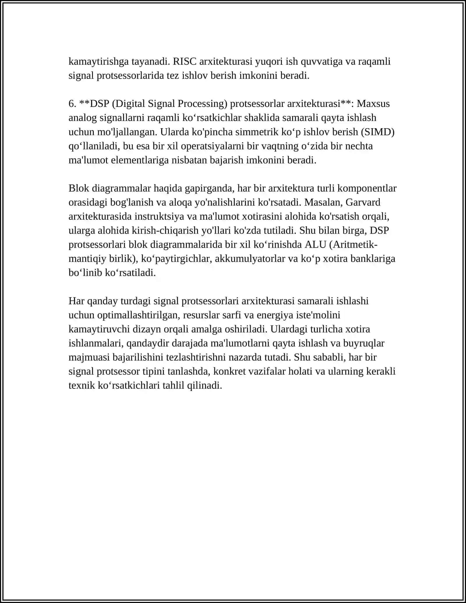 SIGNAL PRORSESSORLAR KORSATKICHLARI TEXNIK PARAMETRLARI VA ARXITEKTURASI 4