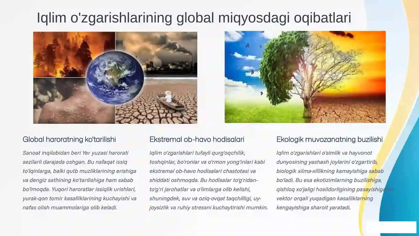 Kasalliklarni global tashvishi. Iqlim o’zgarishlarining  tibbiy oqibatlari. 4