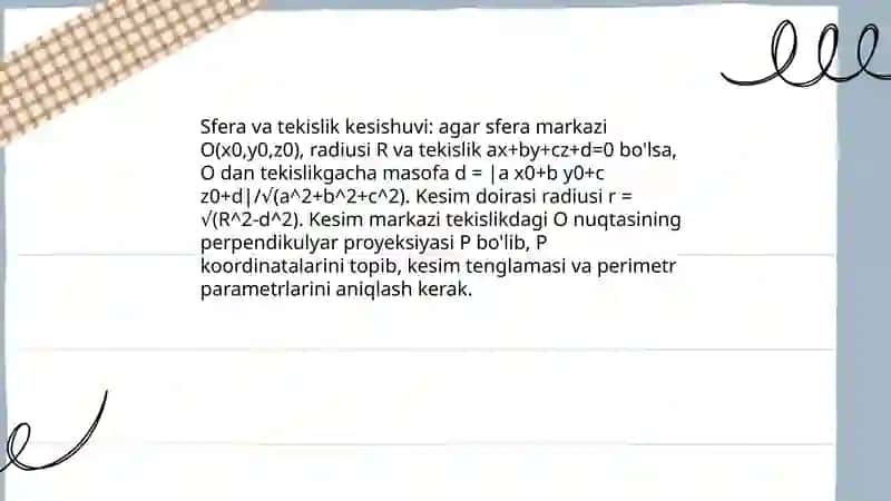 Sfera.Konussimon sirtlar.Aylanish sirtlar.Ikkinchi tartibli sirtlarga doir mashqlar 4