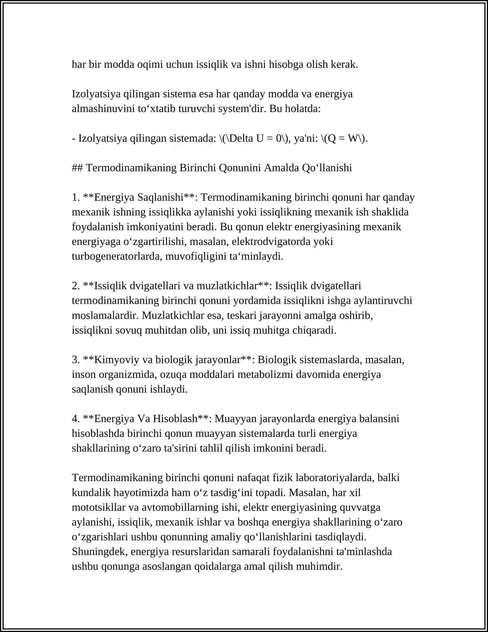 TERMODINAMIKANING BIRINCHI QONUNI, UNING VAZIFASI VA TURLI JARAYONLARGA TADBIG‘I 4