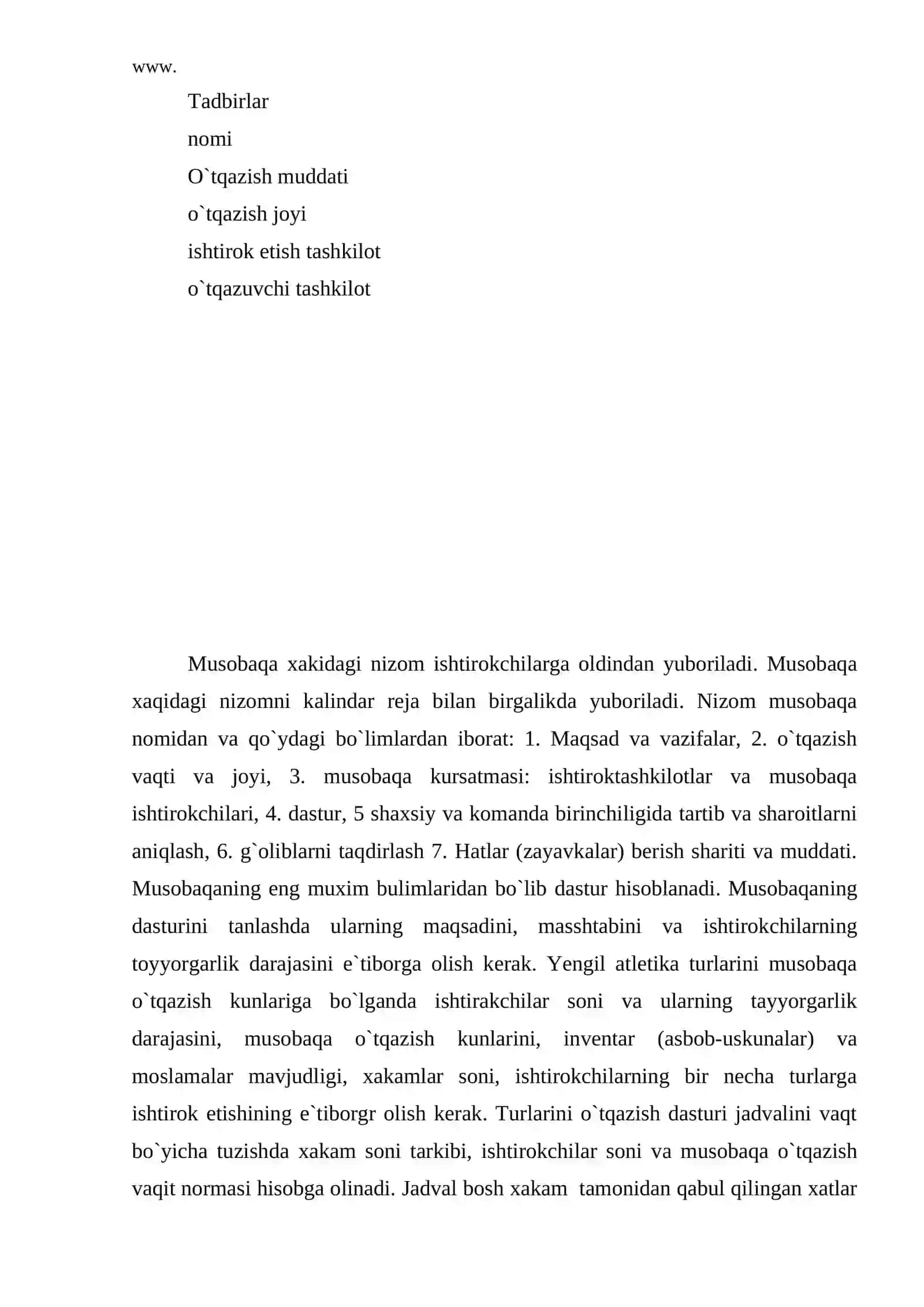 Yengil atletika bo`yicha musobaqalarni tashkil etish va o`tkazish 4