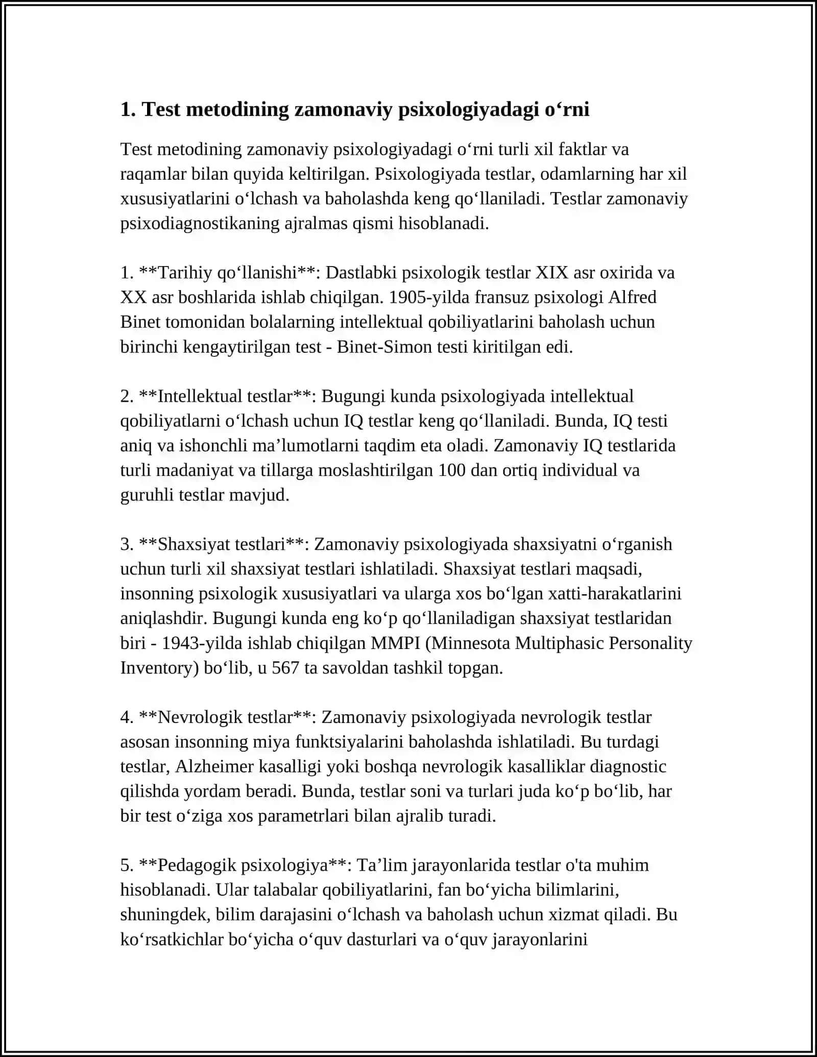 ZAMONAVIY PSIXOLOGIYA TARMOQLARIDA TADQIQOT METODLARINI QO‘LLANISHI. TEST METODI 4