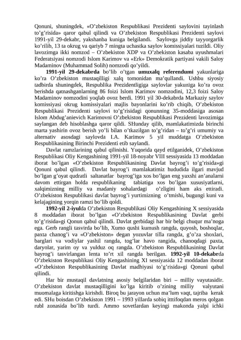 O’zbekistonning davlat mustaqilligining qo’lga kiritishi va uning tarixiy ahamiyati 4