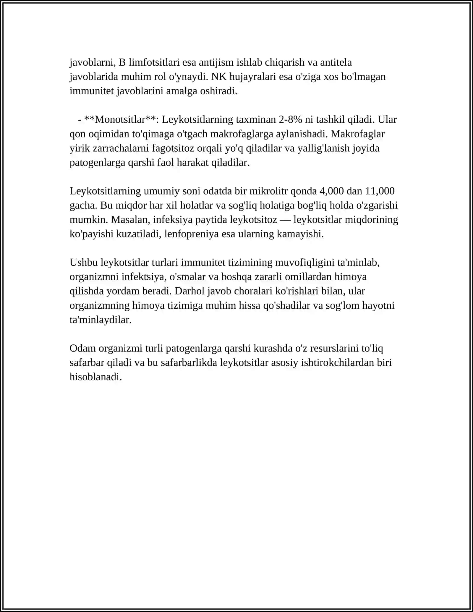 MUSTAQIL ISH Mavzu: LEYKOTSITLAR,TIBBIYOTDAGI AHAMIYATI 4