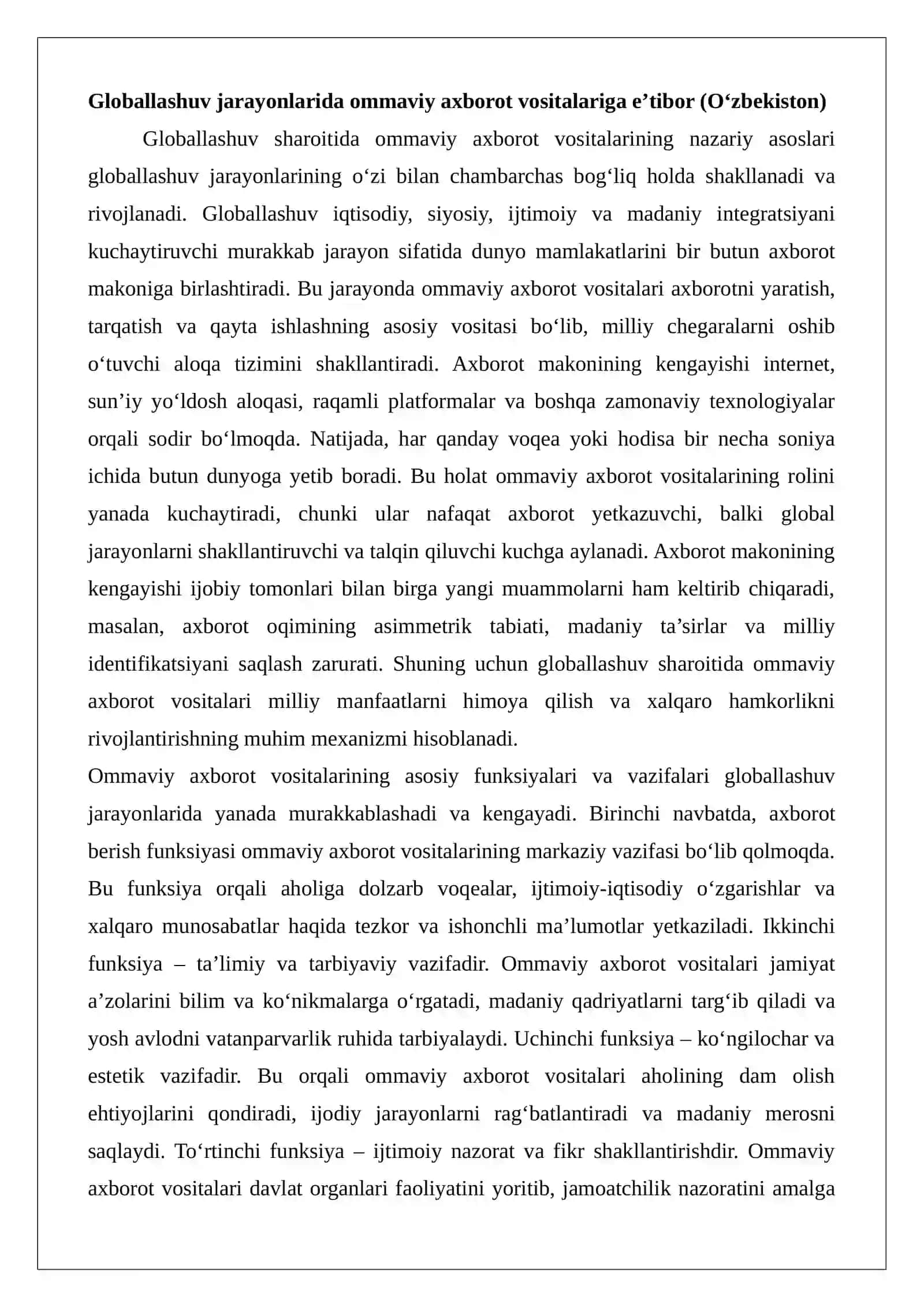 Globallashuv jarayonlardida OAV ga e’tibor (O’zbekiston) 4