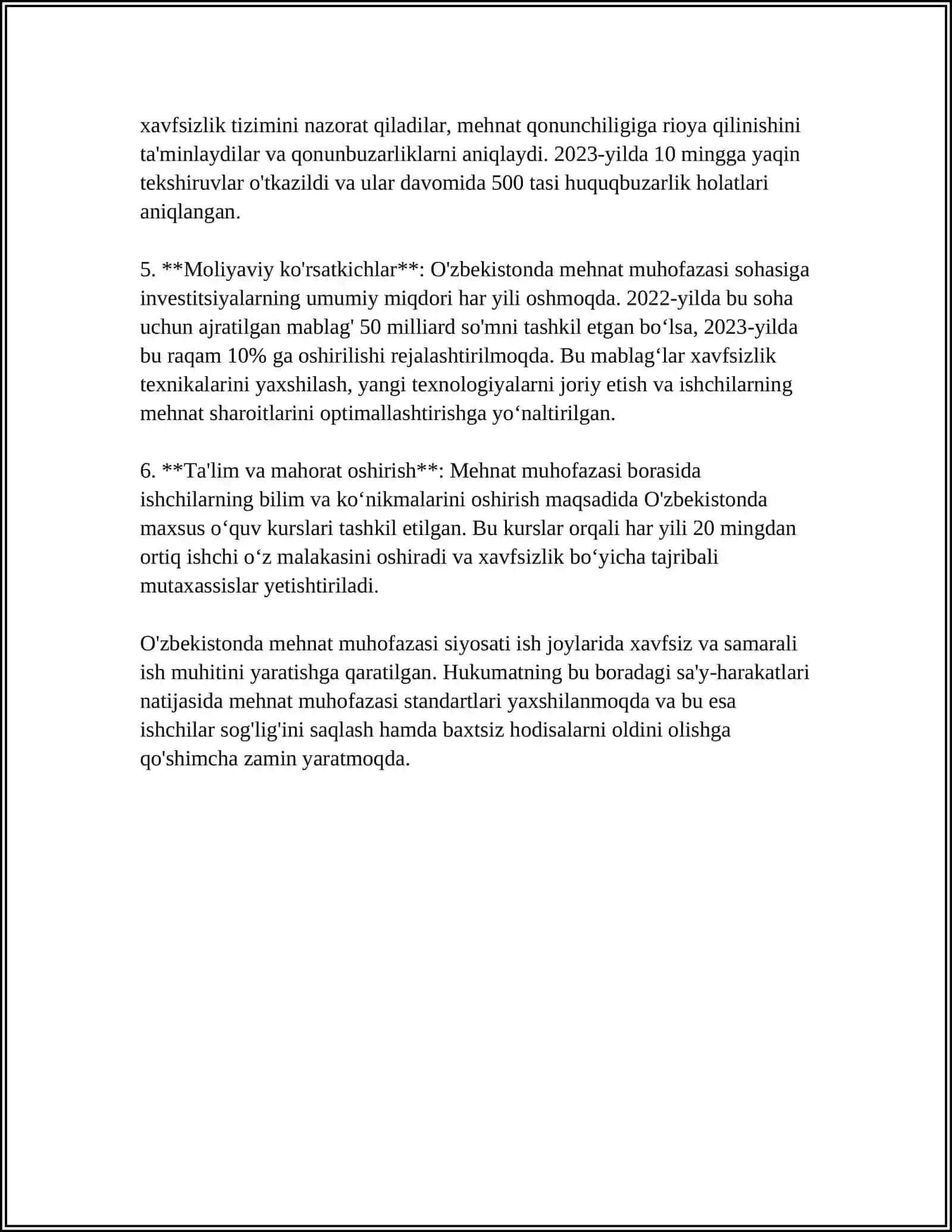 MUSTAQIL ISH Mavzu: OʻZBEKISTON RESPUBLIKASI MEHNAT MUHOFAZASI SOHASIDAGI DAVLAT SIYOSATI HAQIDA MINI KEYS 4