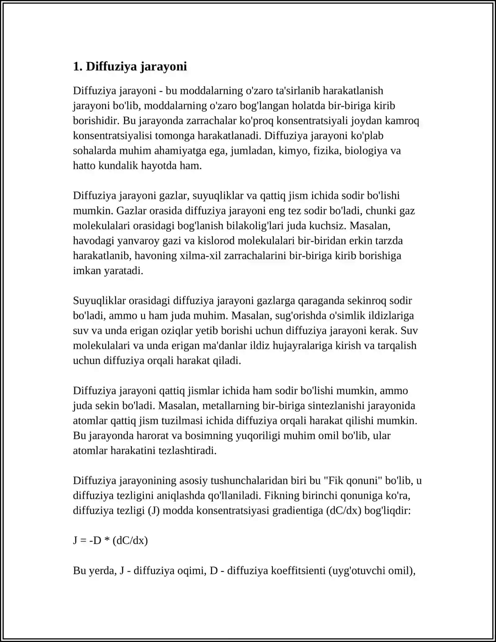 KO`CHISH HODISALARI. DIFFUZIYA, ISSIQLIK O`TKAZUVCHANLIK VA QOVUSHQOQLIK 4