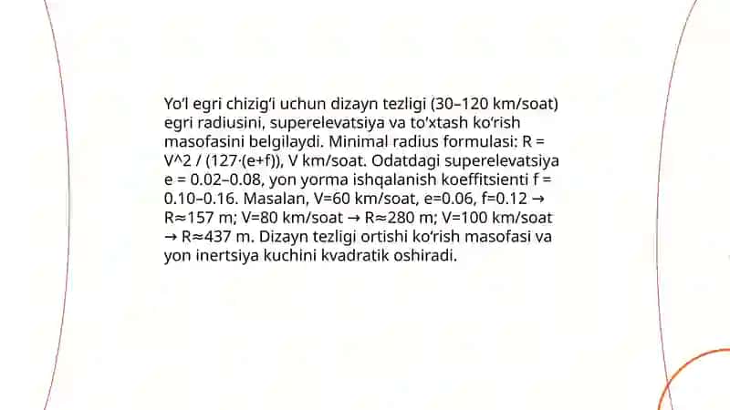Yo‘l egriliklari va egrilarni batafsil rejalash 4