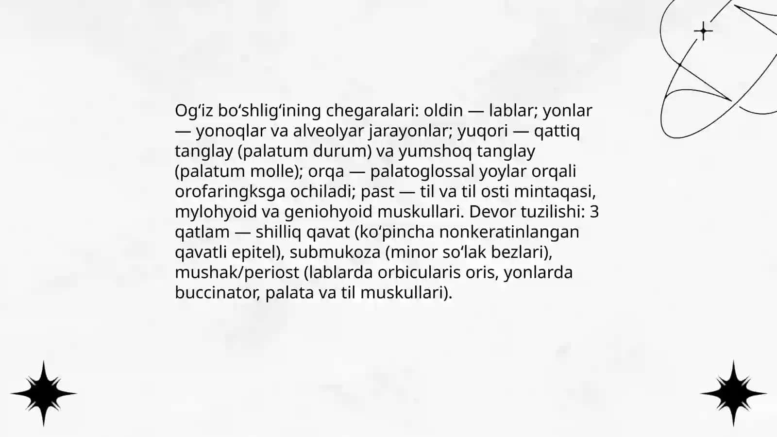 Hazim tizimi. Ogʼiz boʼlashligʼi. Til tuzilishi soʼrgʼichlari. Soʼlak bezlari tasnifi, tuzilishi 4