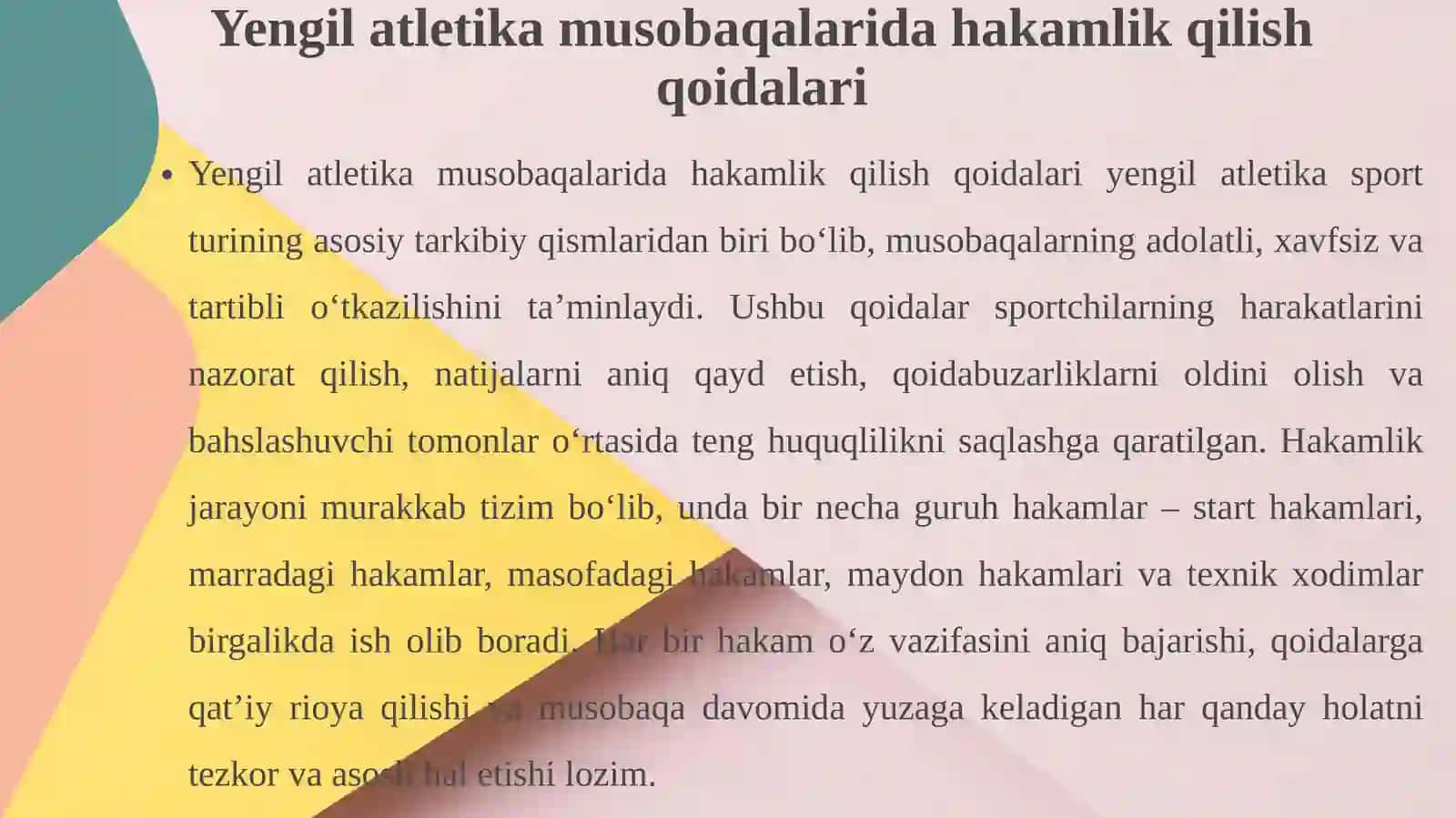 Yengilatletika turib o‘yichahakamlik qilish qoidalari, hakamlarning vazifalari, musobaqalar o‘tkazish nizomini tuzish 4