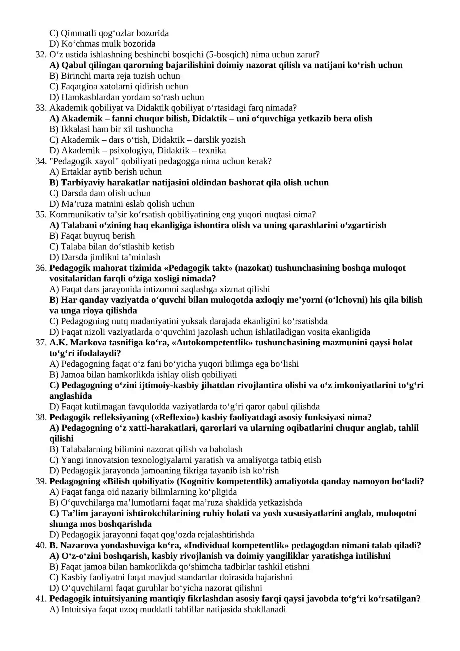 Toifa Attestatsiyasi uchun Pedagogik kompetentlik va kreativlik asoslari bo‘yicha mantiqiy-tahliliy testlar banki (Javoblari bilan.) 4