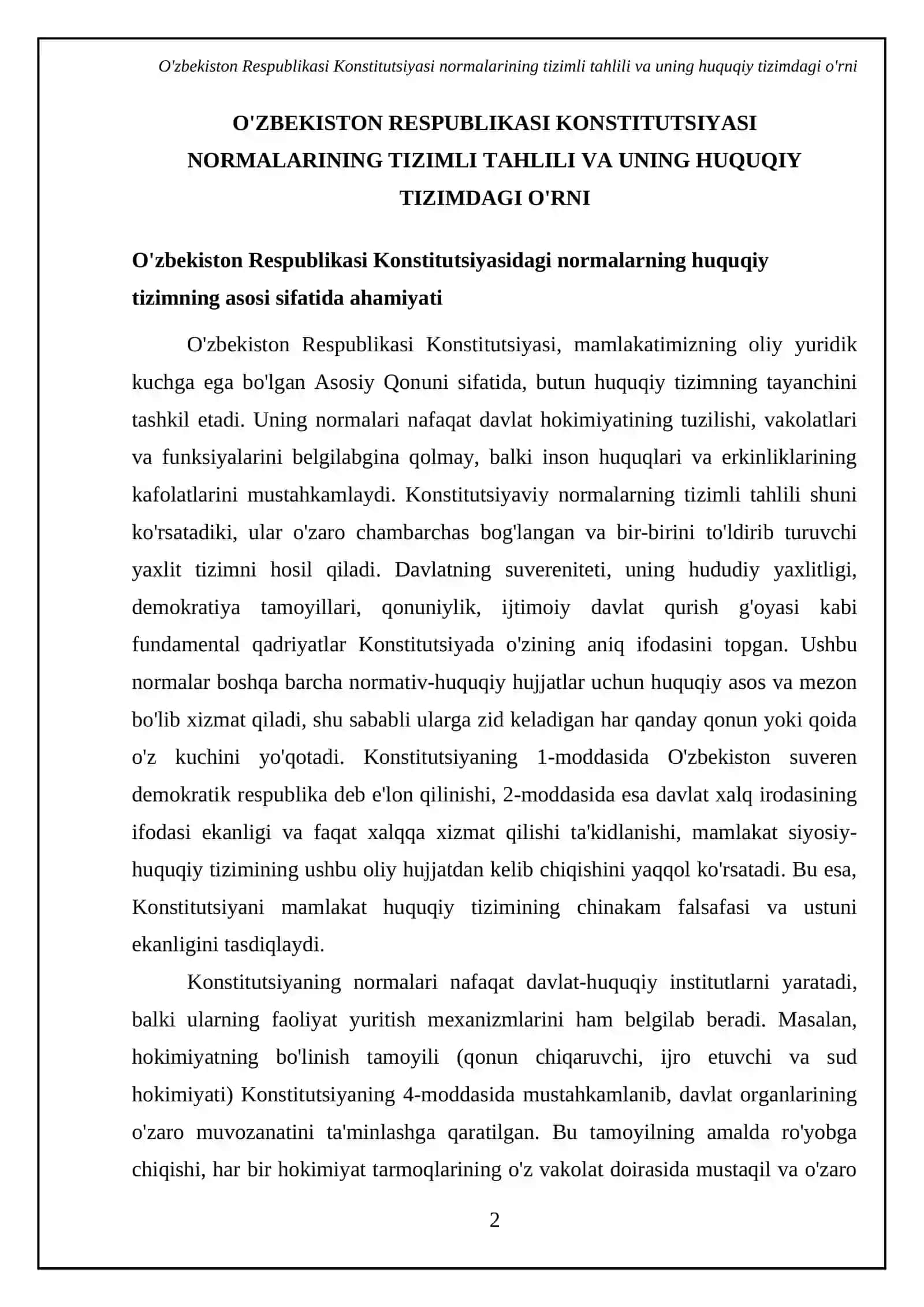 O'zbekiston Respublikasi Konstitutsiyasi normalarining tizimli tahlili va uning huquqiy tizimdagi o'rni 4