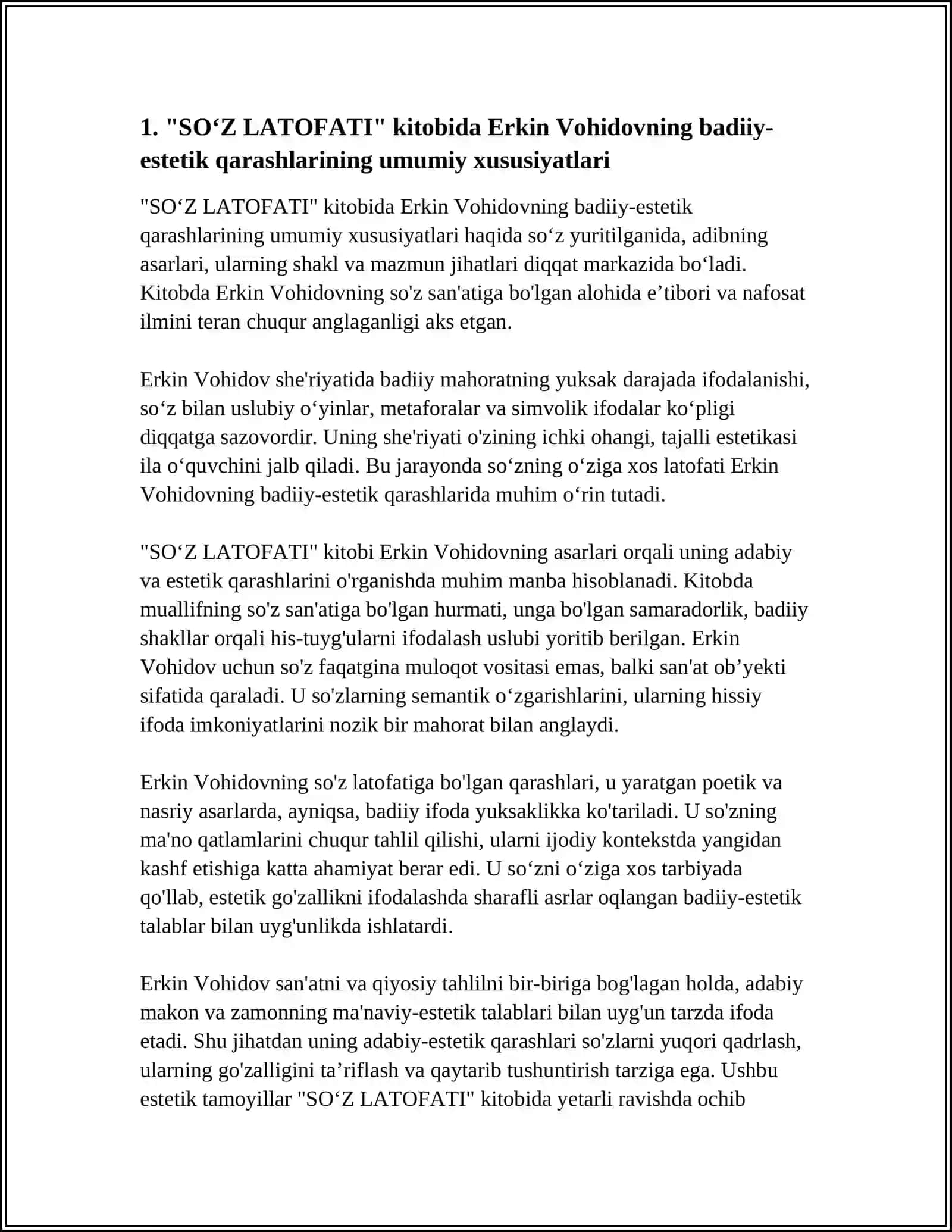 "SOʻZ LATOFATI"KITOBIDA ERKIN VOHIDOVNING ADABIY-ESTETIK QARASHLARI 4