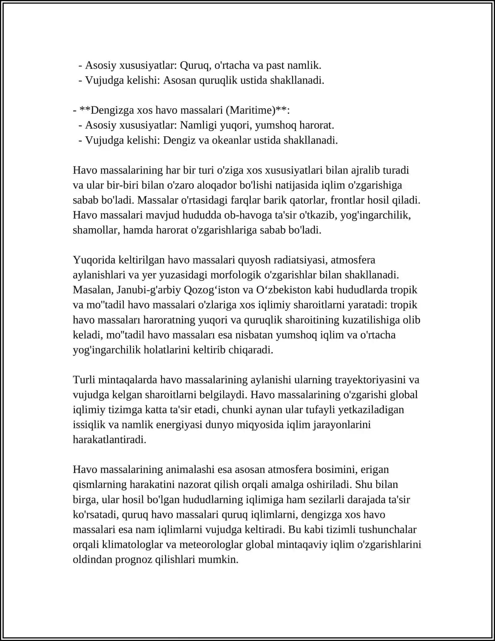 HAVO MASSALARI VA FRONTLARI,SHAMOLLAR VA ULARNING TURLARI MAHALLIY VA SAYORAVIY SHAMOLLAR,ATMOSFERADAGI SUVLAR.NISBIY VA MUTLOQ NAMLIK SHULARGA ANIQ VA KO‘PROQ MATN KERAK 4
