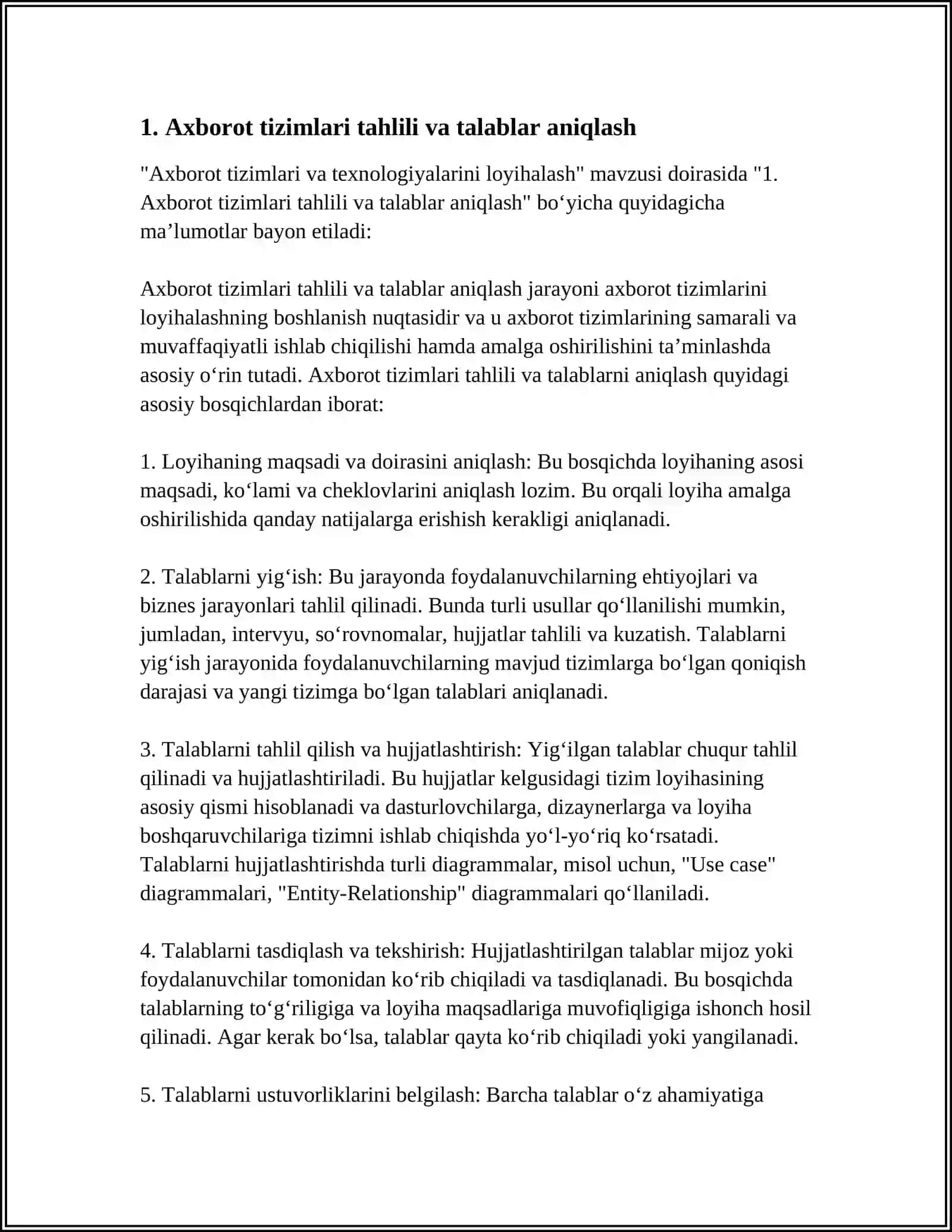 Axborot tizimlari tahlili va talablar aniqlash 4