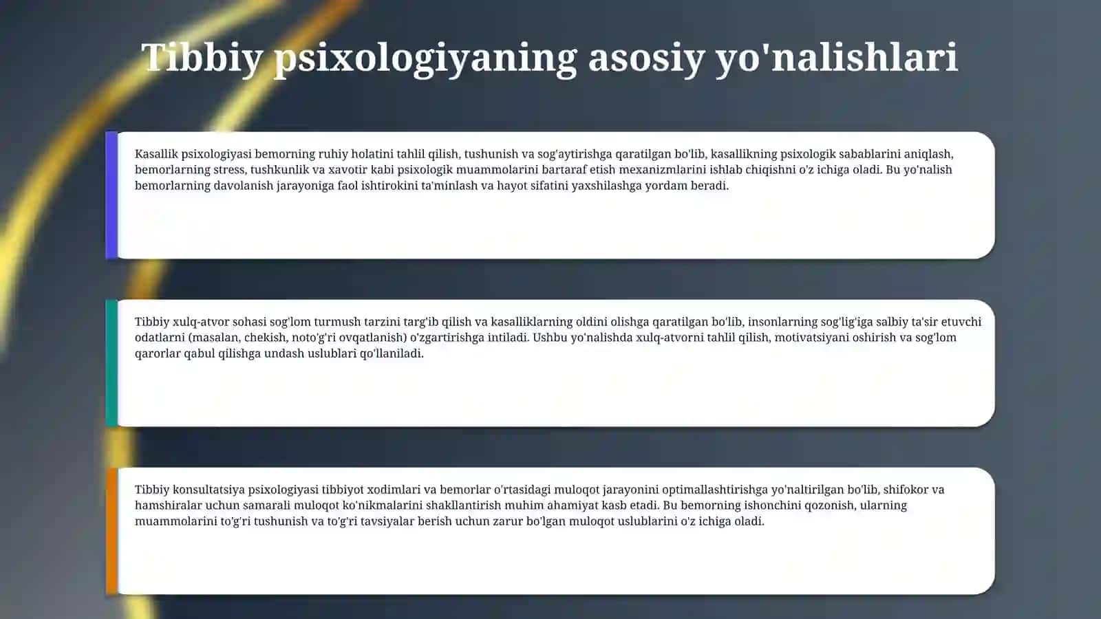 tibbiyot texnikumlarida Tibbiy psixologiya va shaxslararo muloqot fanidan har bir mavzu uchun slayd tayyorlab ber 4