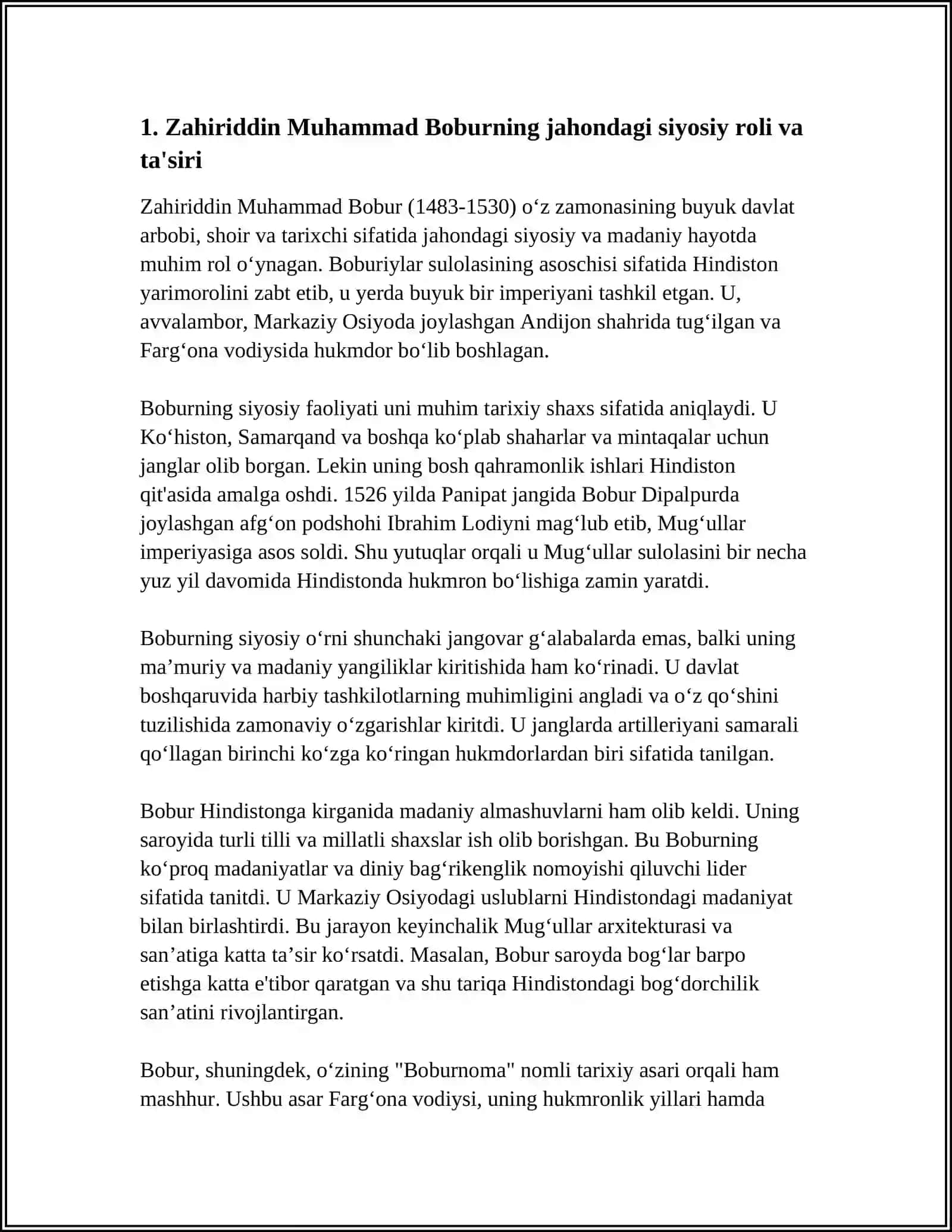 MAVZU: ZAHIRIDDIN MUHAMMAD BOBURNING JAHON TARIXIDA TUTGAN OʻRNI 4