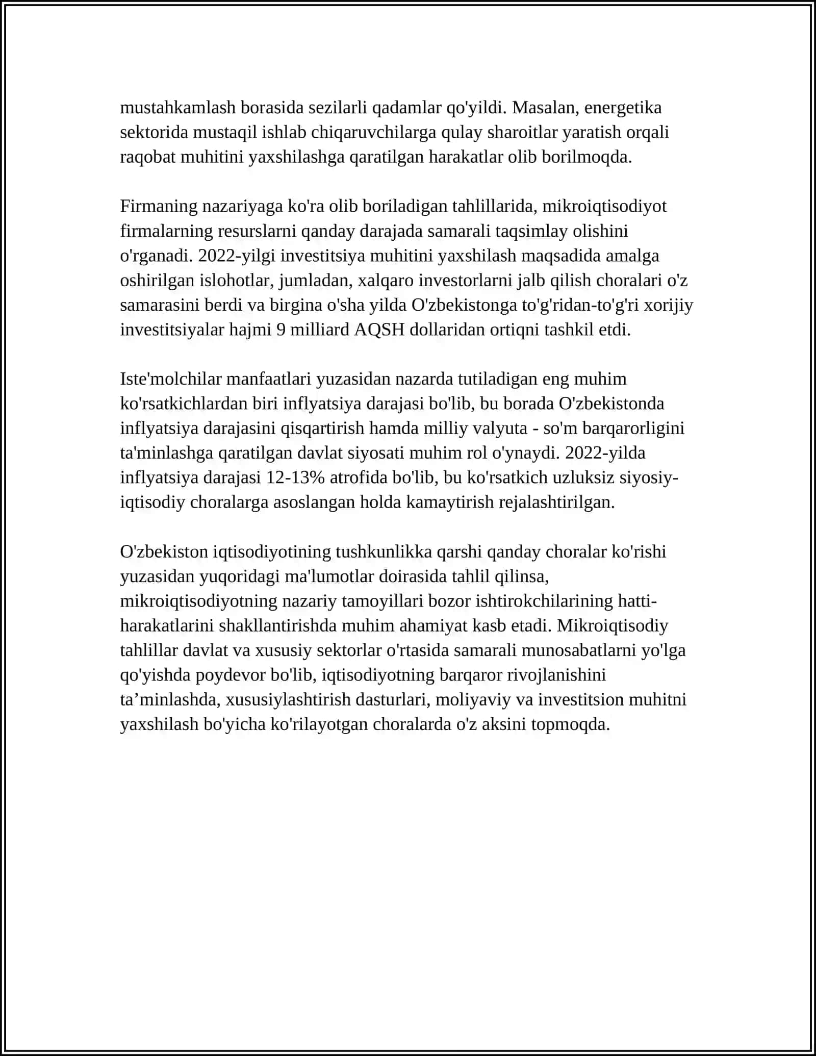 O'ZBEKISTON IQTISODIY TAFAKKURNING SHAKLLANISHIDA MIKROIQTISODIY YONDASHUVNING O'RNI REFERAT 4