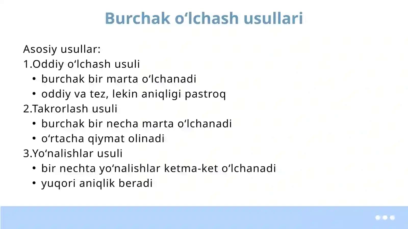 Burchak o'lchash usullari.Teodolitni tekshirish va sozlash 4