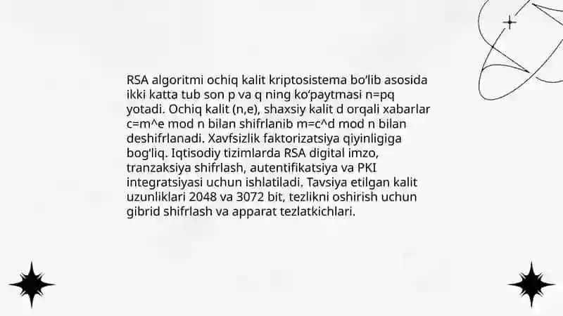 Iqtisodiy komplekslarda axborotlarni xavfsizligi ta’minlashda Ochiq kalit bilan shifrlash texnalogiyalari 4