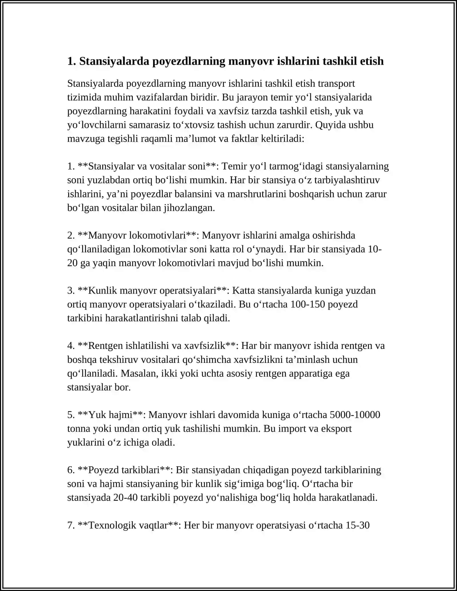 STANSIYALARIDA MANYOVR ISHLARINI TASHKIL ETISH. MANYOVR TEZLIGI 4