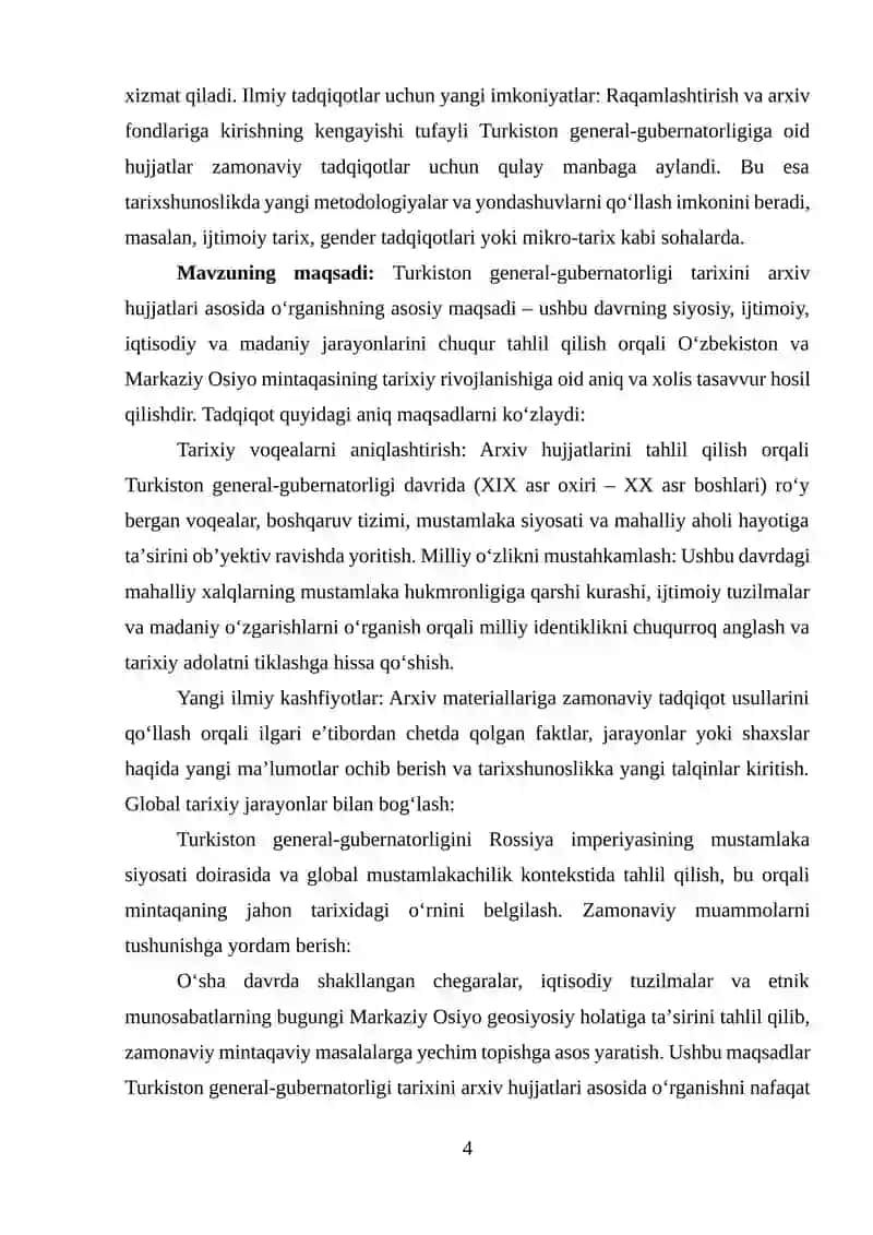 TURKISTON GENERAL-GUBERNATORLIGI TARIXI ARXIV HUJJATLARI TADQIQOTLARIDA O'RGANILISHI TARIXSHUNOSLIGI 4