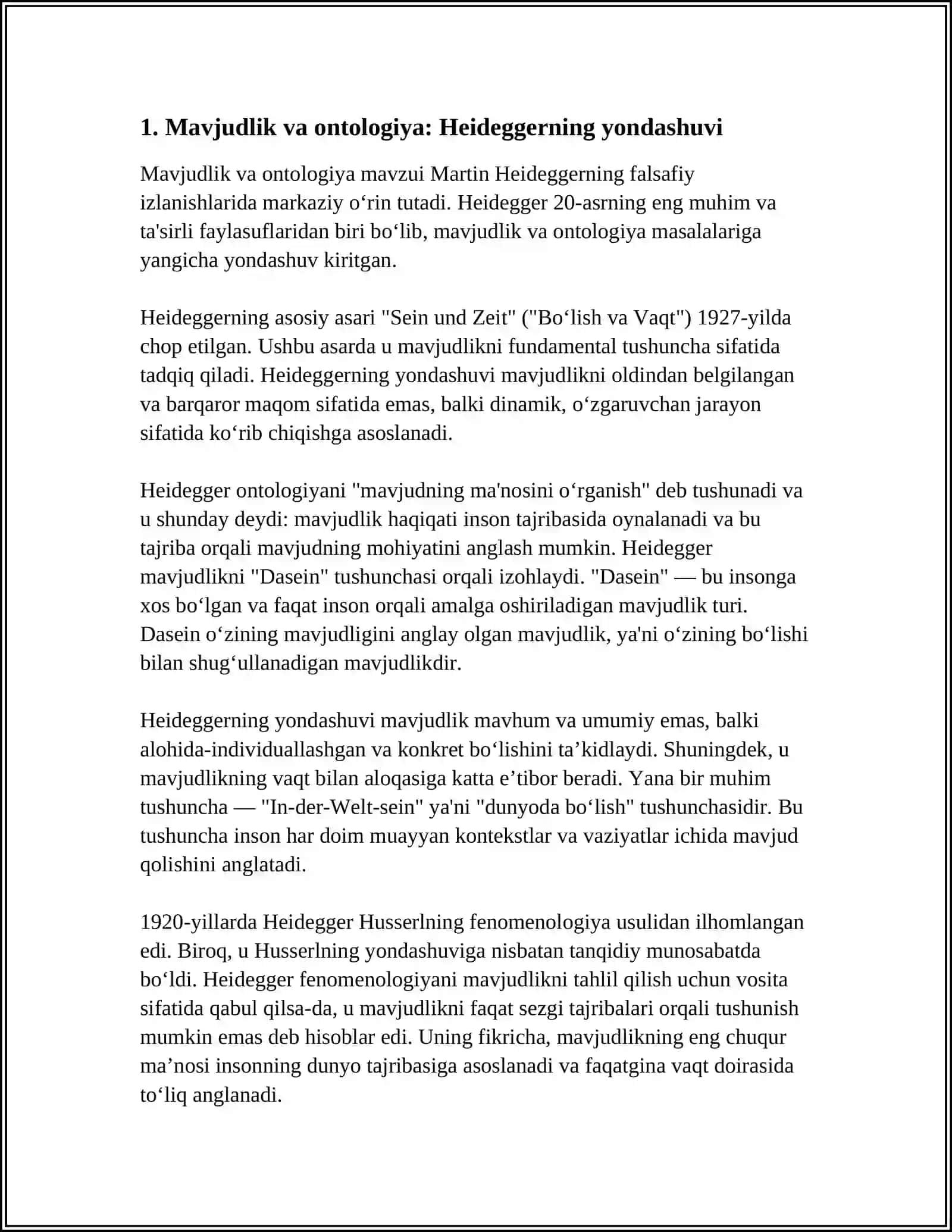 NOKLASSIK ONTOLOGIYANING YO‘NALISHLARI VA MOHIYATI BO‘YICHA ESSE TAYYORLASH (M.XAYDEGGERNING BORLIQ VA VAQT ASARI ASOSIDA) 4