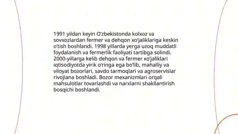 Mustaqillik yillarida qishloq xo'jaligi va sanoat sohasidagi o'zgarishlar 4