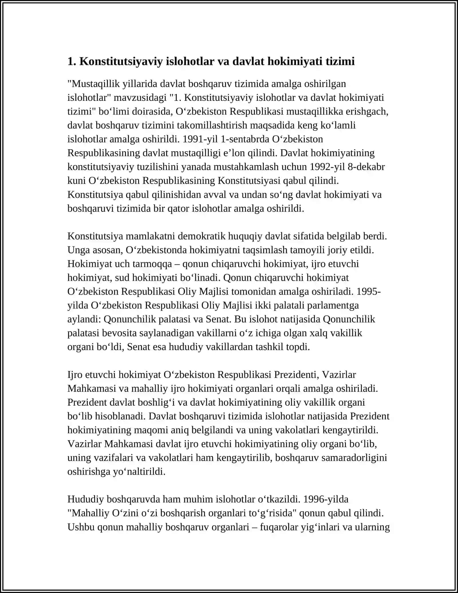 MUSTAQILLIK YILLARIDA DAVLAT BOSHQARUV TIZIMIDA AMALGA OSHIRILGAN ISLOHOTLAR 4