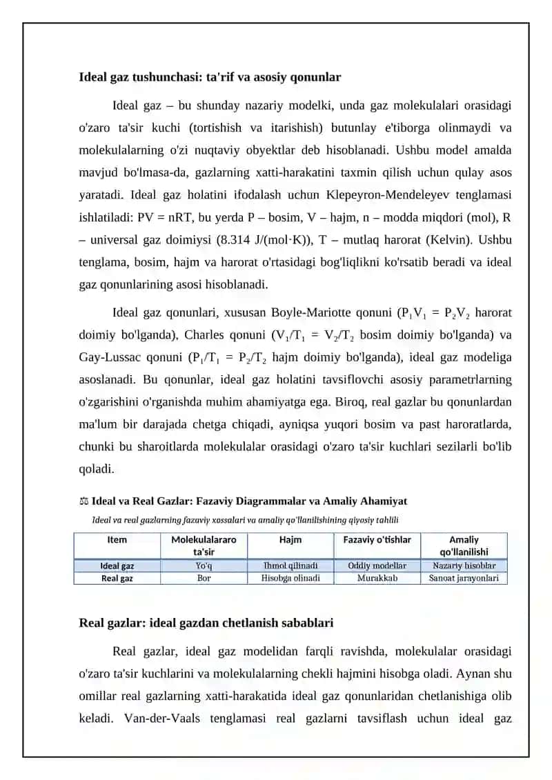 Ideal va real gazlar: fazoviy diagrammalar va amaliyotdagi ahamiyati 4