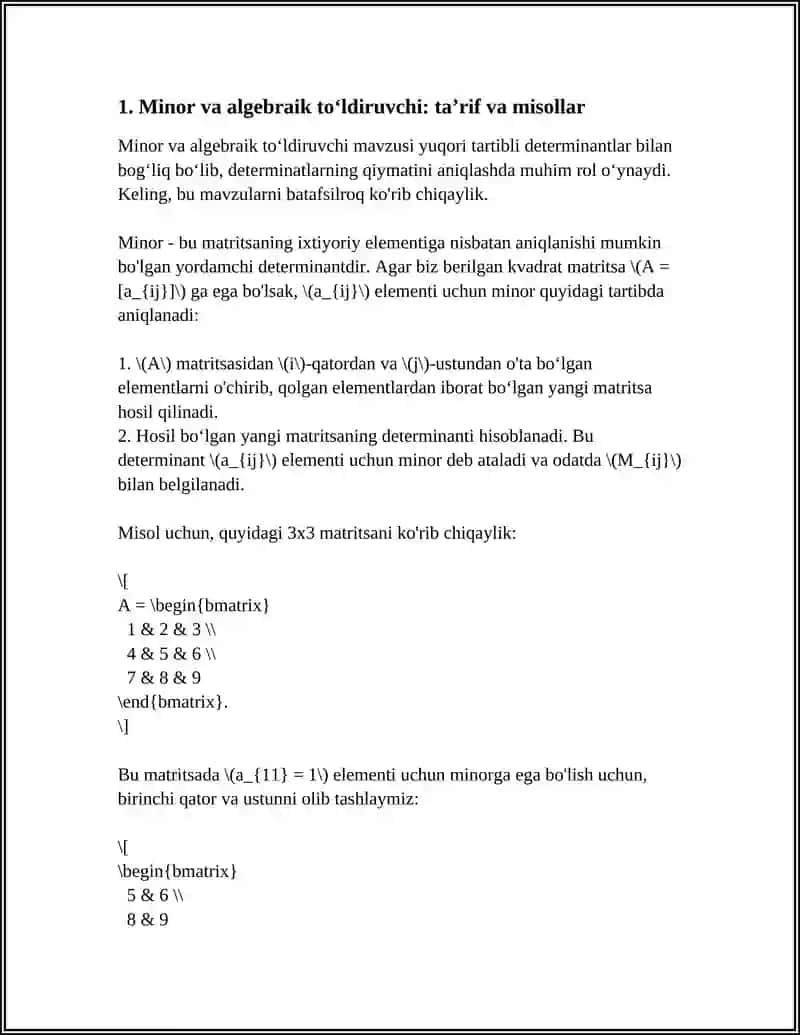 MINOR VA ALGEBRAIK TOʻLDIRUVCHI.YUQORI TARTIBLI DETERMINANTLAR 4