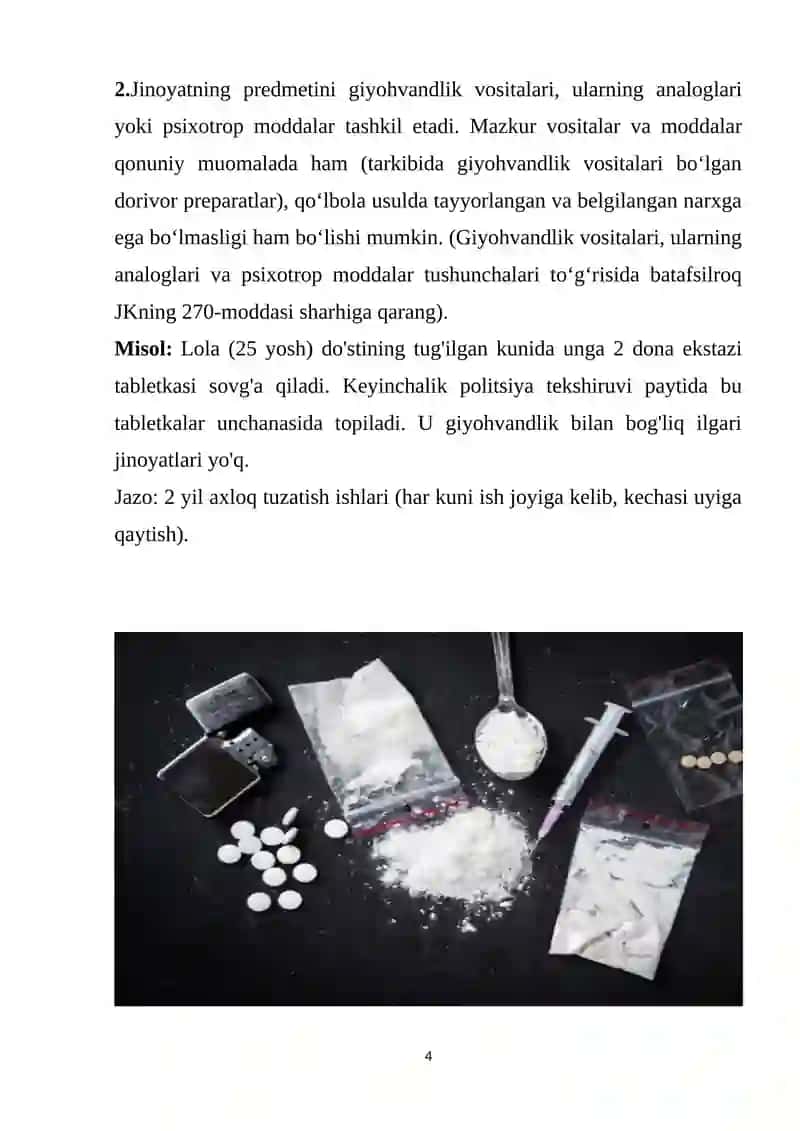 GIYOVANDLIK VOSITALARI, ULARNING ANALOGLARI YOKI PSIXOTROP MODDALARNI QONUNGA XILOF RAVISHDA EGALLASH 4