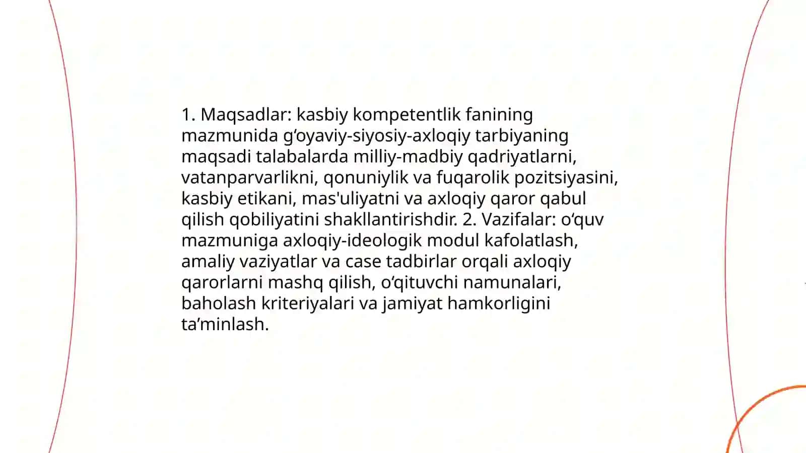 Kasbiy kompetentlik fanining mazmunida tarbiyaviy jarayonda g‘oyaviy-siyosiy-axloqiy tarbiyani tashkil etish 4