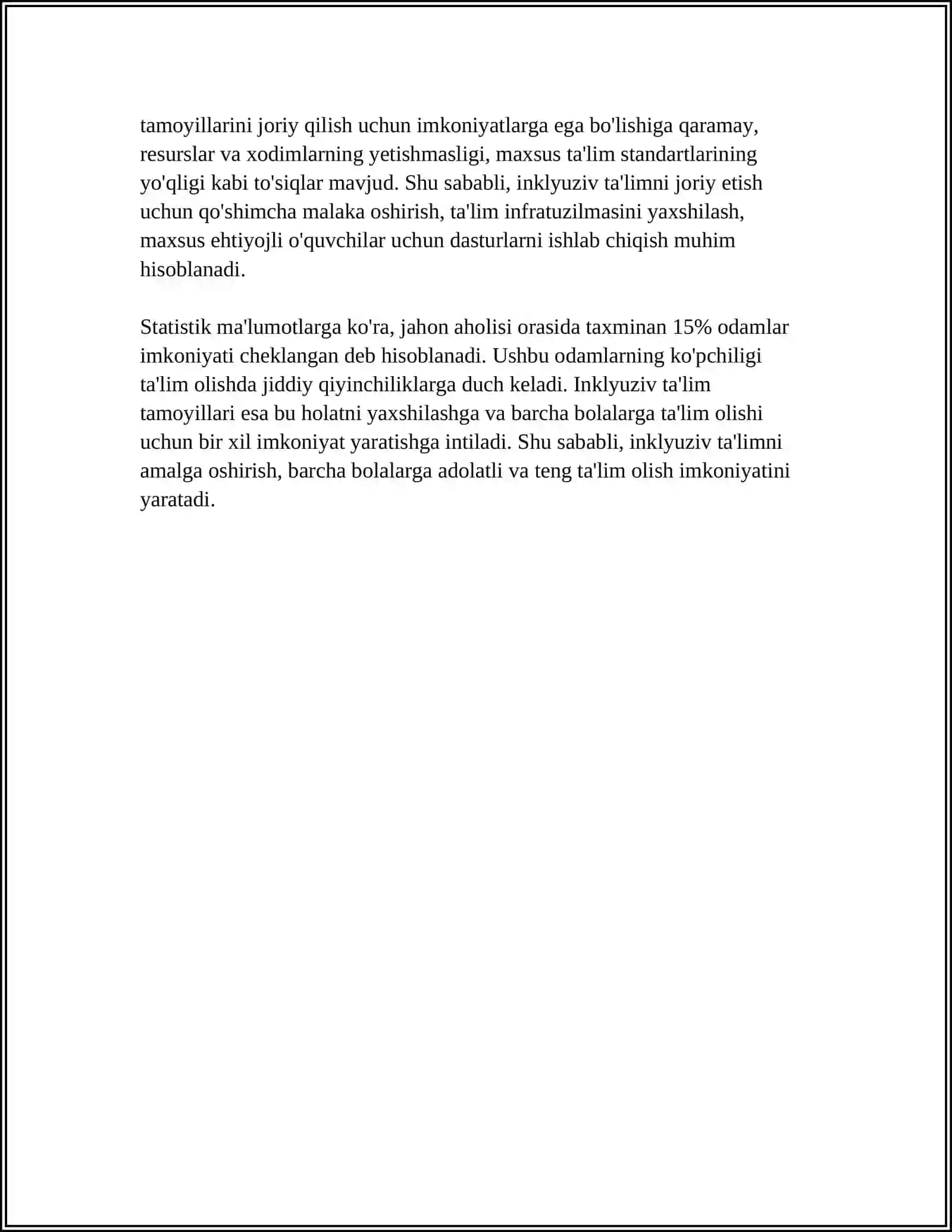 INKLYUZIV TA'LIMGA KIRISHNI ASOSIY TAMOYILLARI HAQIDA MALUMOT BERILADI KEYIN GRAF SXEMA TUZIB TAMOYILLARI YOZILADI SXEMANI ICHIGA 4