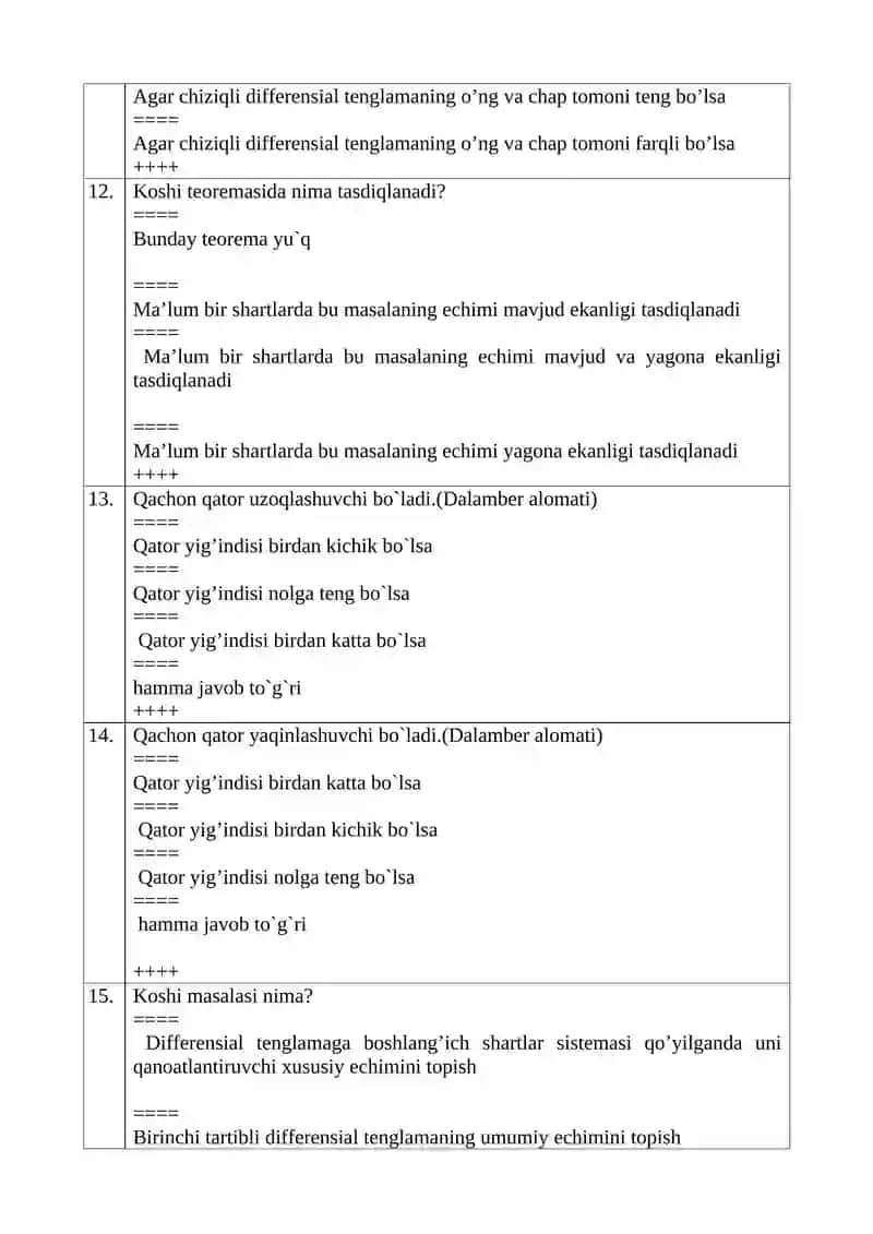 Ehtimollik formulalari va differensial tenglamalar bo'yicha test savollari 4