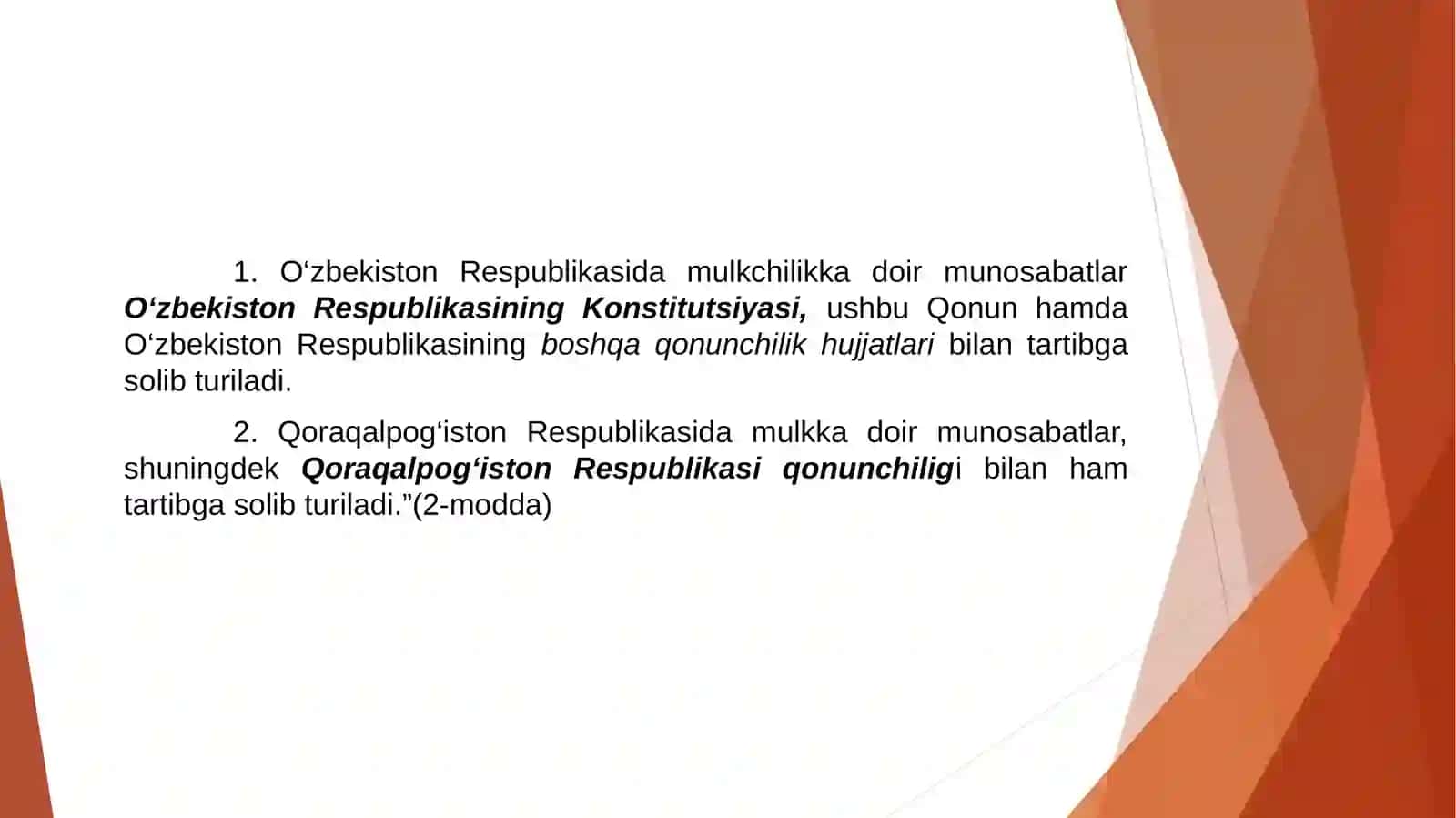 O’ZBEKISTON RESPUBLIKASI QONUNCHILIGI BO’YICHA MULK SHAKLLARI VA MULK HUQUQI TURLARI 4