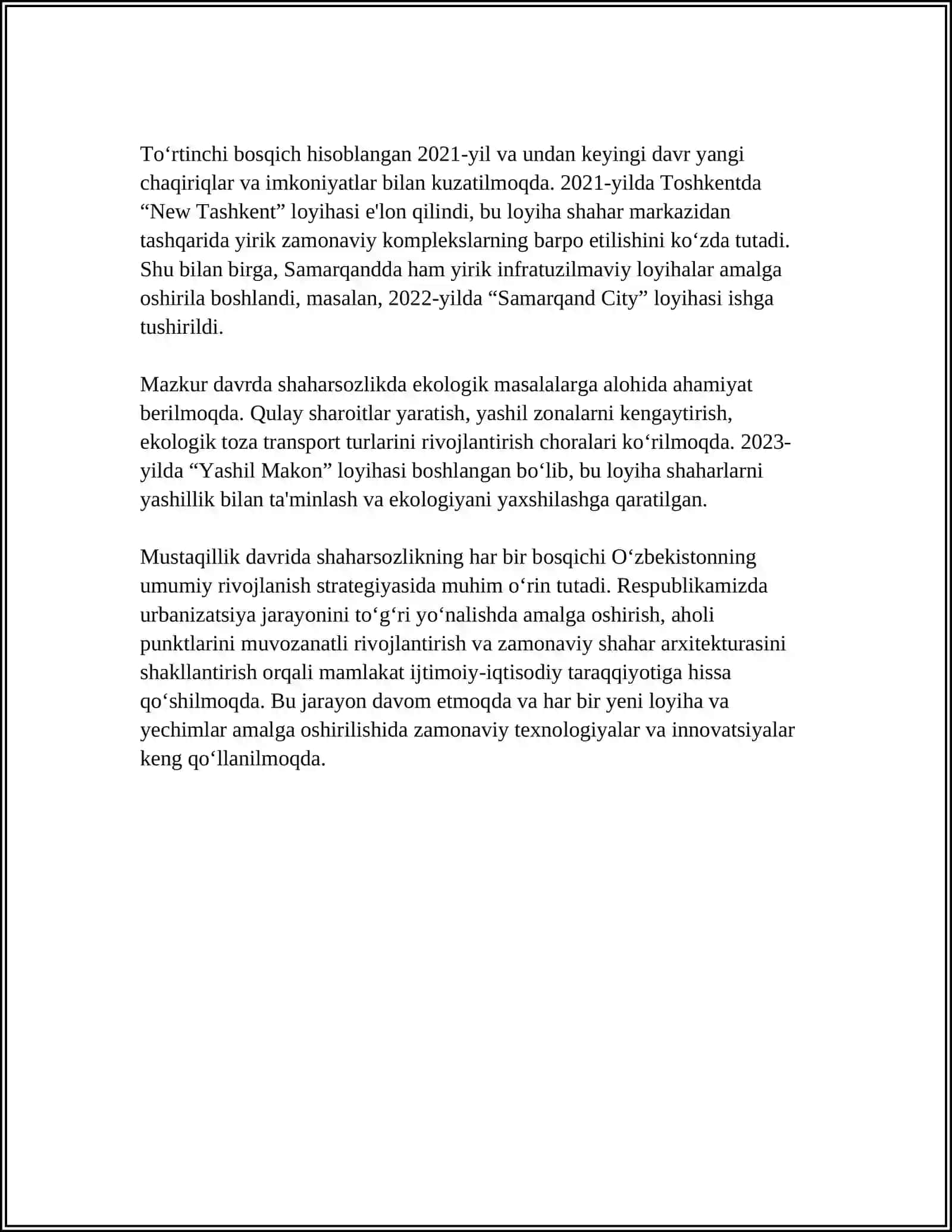 MUSTAQILLIK YILLARIDA SHAHARSOZLIK: TARIXIY BOSQICHLAR VA RIVOJLANISH ISTIQBOLLARI 4