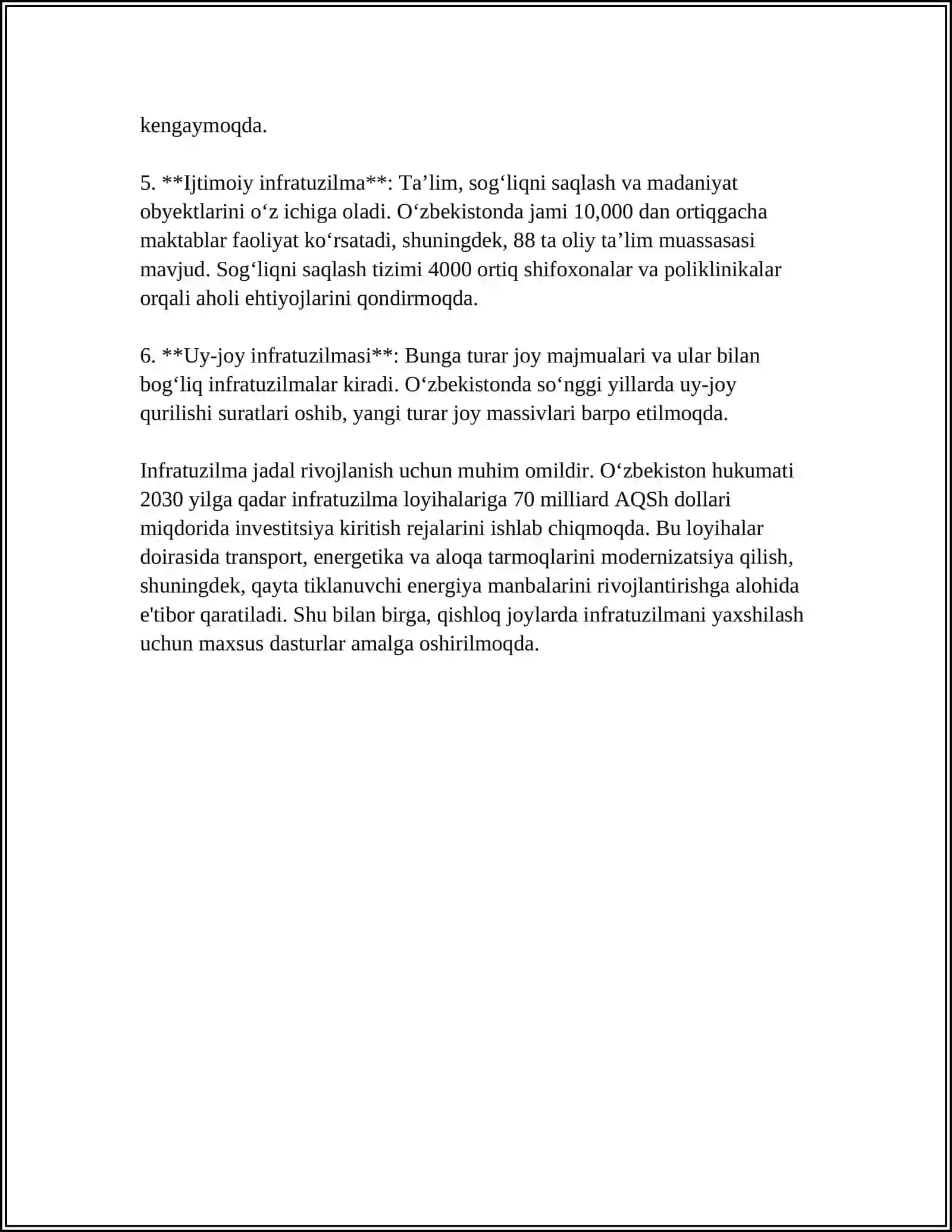 INFRATUZILMA NIMA VA U O‘Z ICHIGA NIMALARNI OLADI? 4