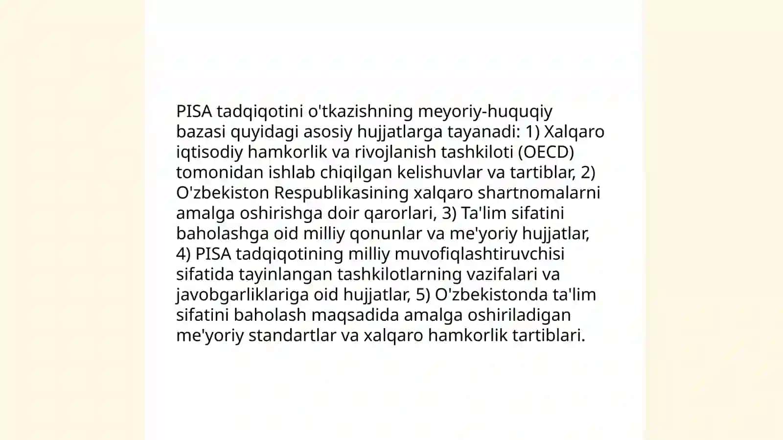 Xalqaro taʼlim tizimida taʼlim sifatini baholash boʻyicha xalqaro tadqiqotlarni(PISA,TIMSS,PIRLS,TALIS) joriy etishning meyoriy huquqiy asoslari, asosiy maqsadlari va chora tadbirlari 4