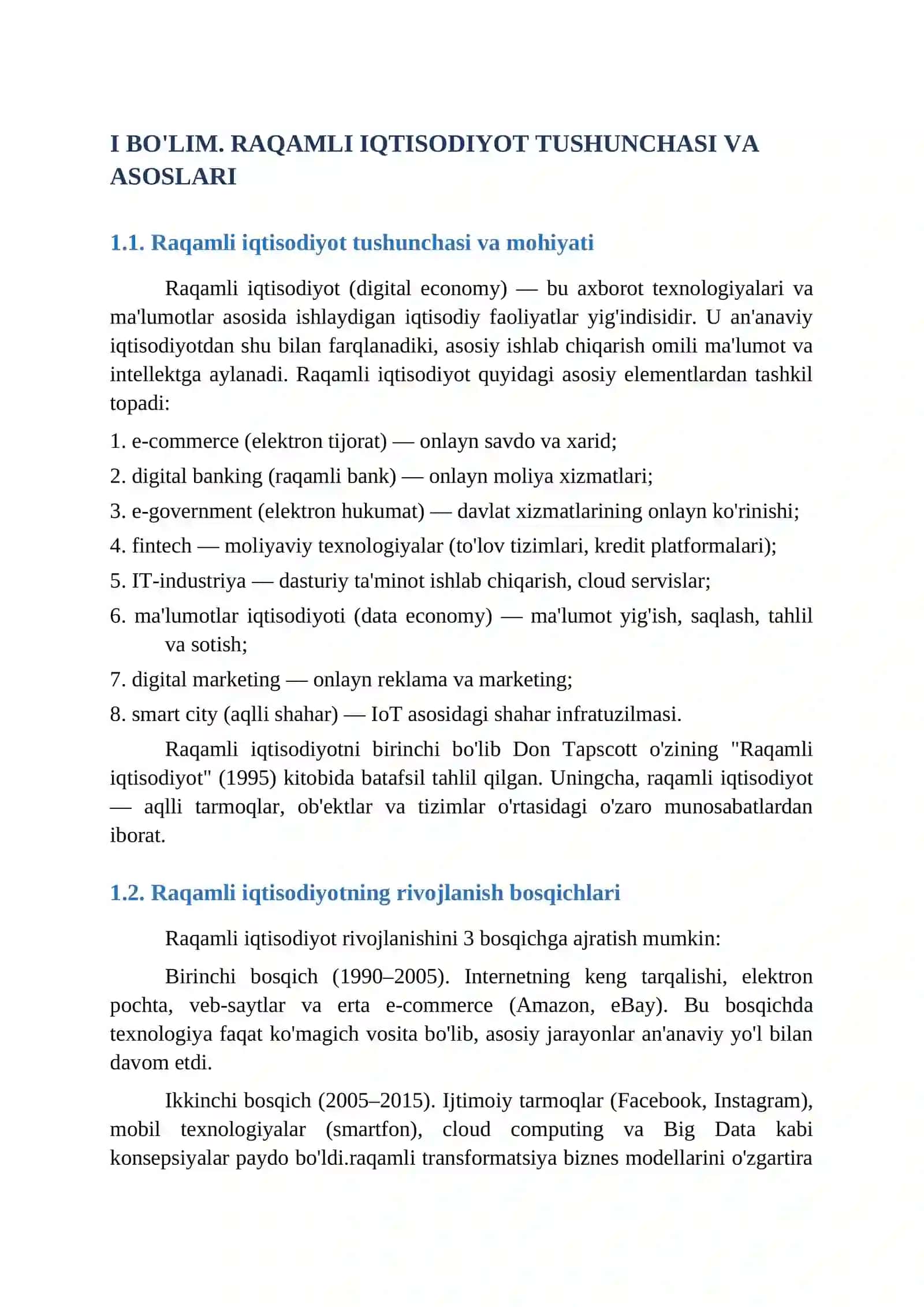 RAQAMLI IQTISODIYOT VA UNING O'ZBEKISTONDA RIVOJLANISHI REFERAT 4