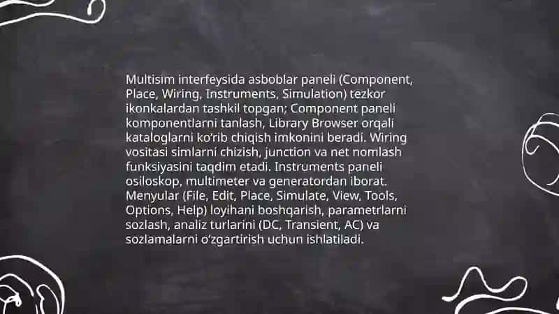 Multisim dasturida elektr zanjirini qurish va modellashtirish 4