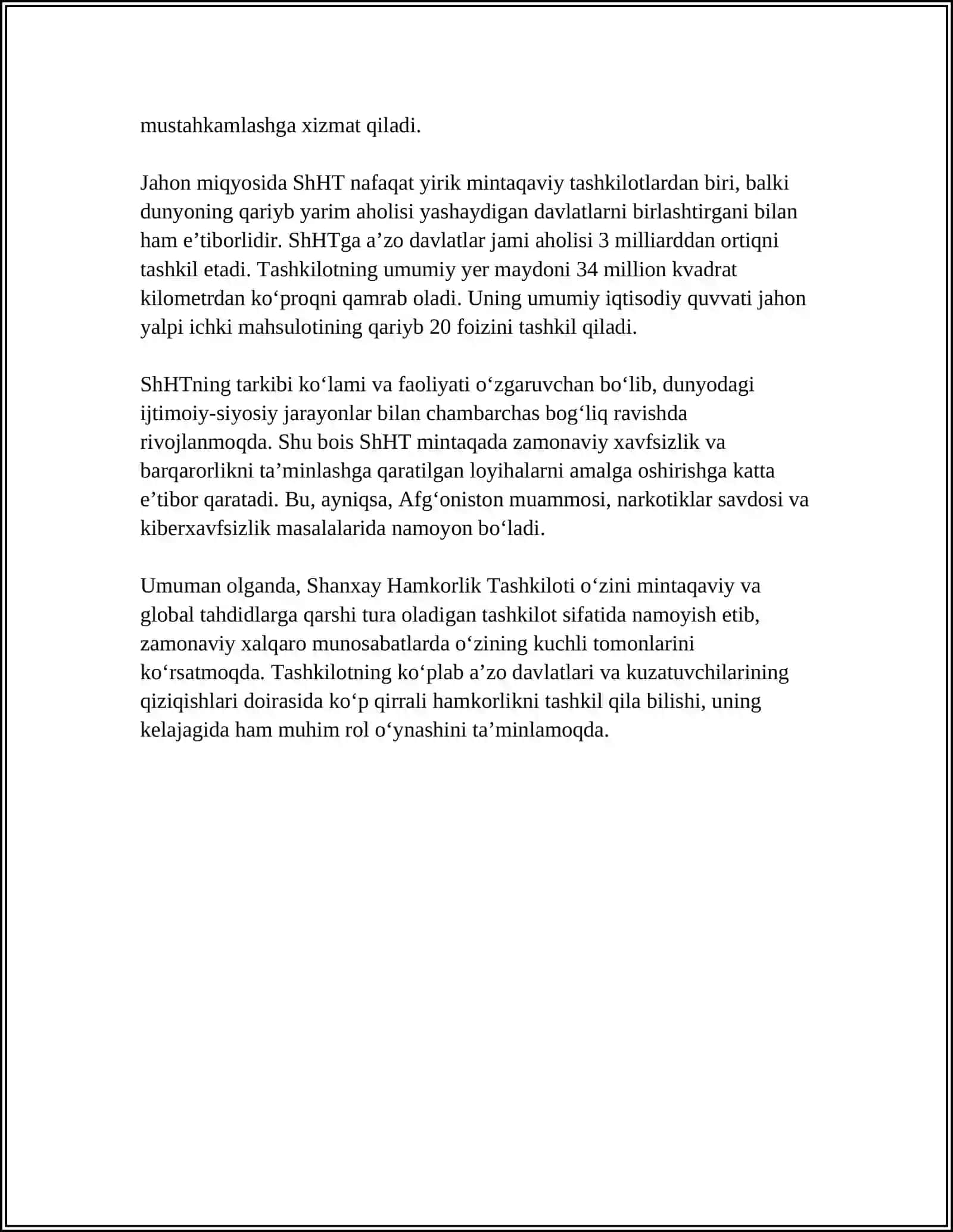 MUSTAQIL ISH Mavzu: SHANXAY HAMKORLIK TASHKILOTI 4