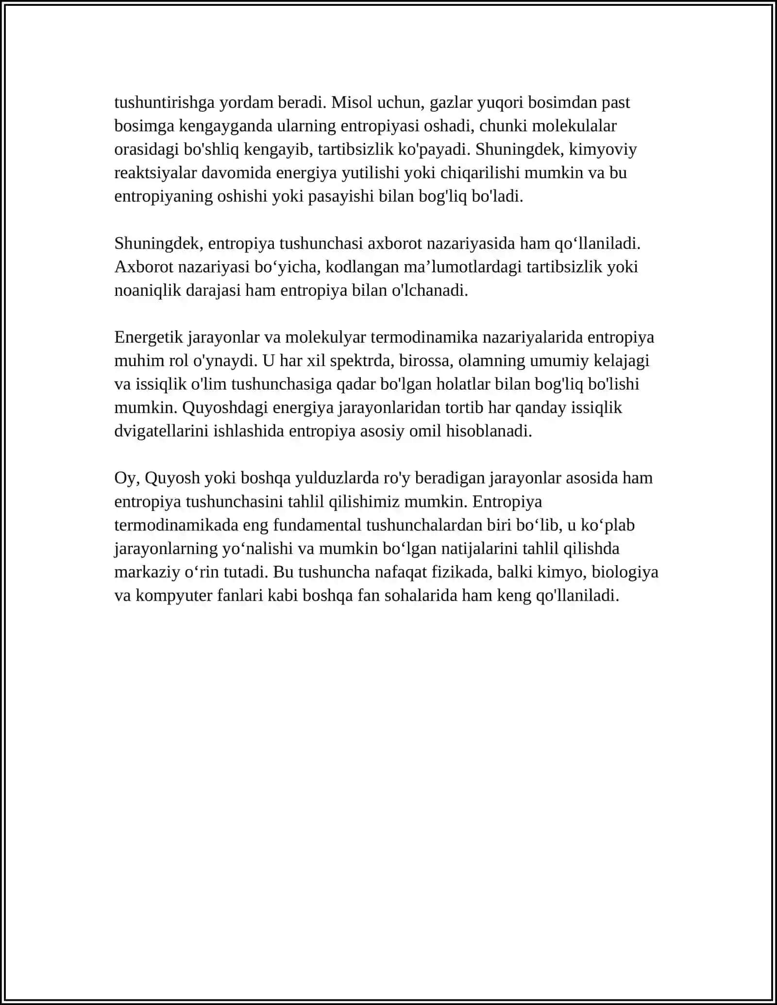 OCHIQ TIZIMLARDA ENTROPIYANING LOKAL KAMAYISHI.DISSIPATIV STRUKTURALAR 4