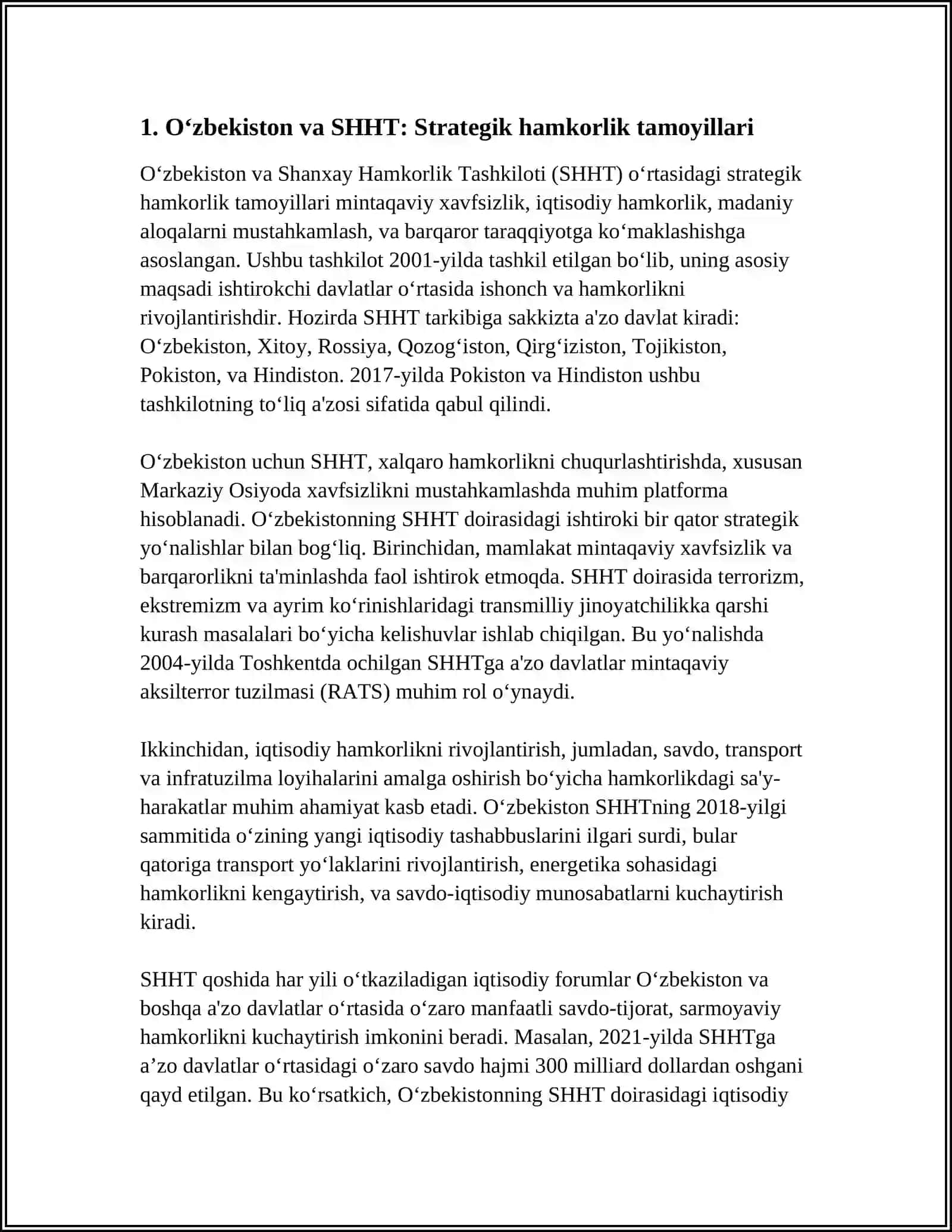 O‘ZBEKISTONNING SHXT BILAN HAMKORLIK MUNOSABATLARI 4