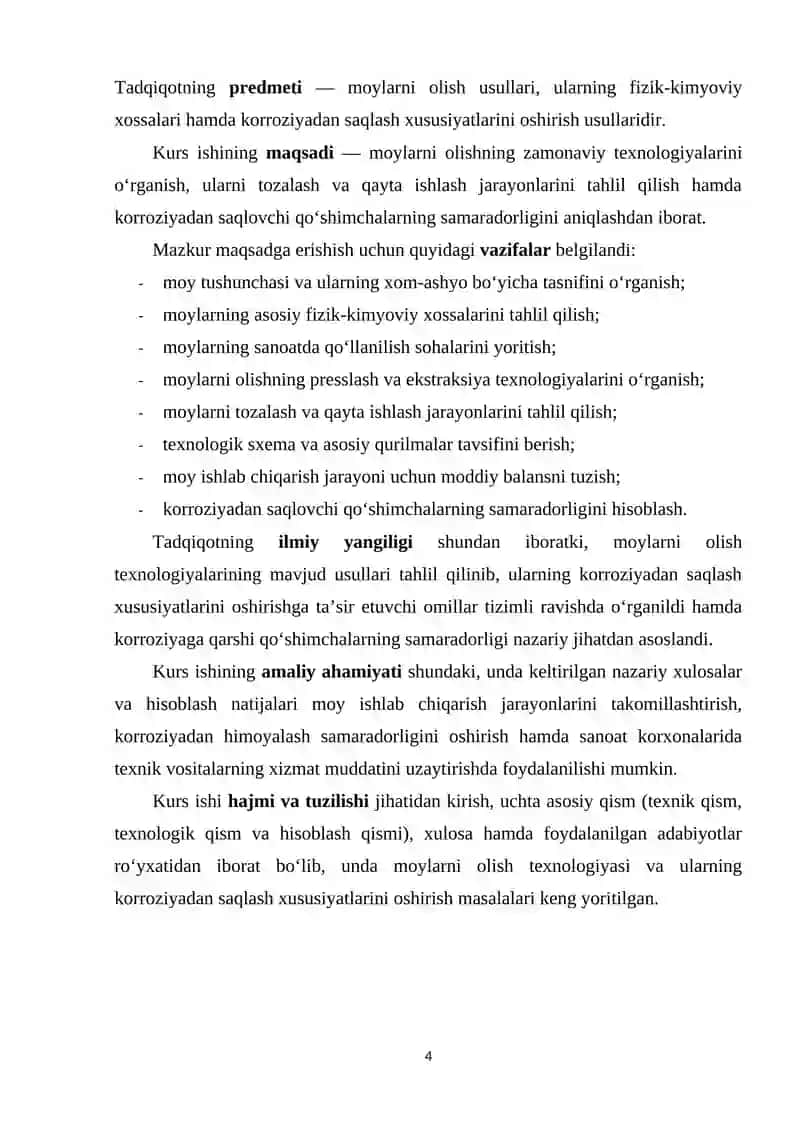MOYLARNI OLISH TEXNOLOGIYASI VA KORROZIYADAN SAQLASH XUSUSIYATLARINI O'SHIRISH USULLARINI O‘RGANISH 4