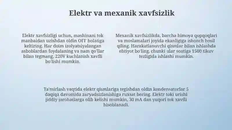 Tikuvchilik mashinalarini ishlatish va tamirlashda texnika xavfsizligi 4