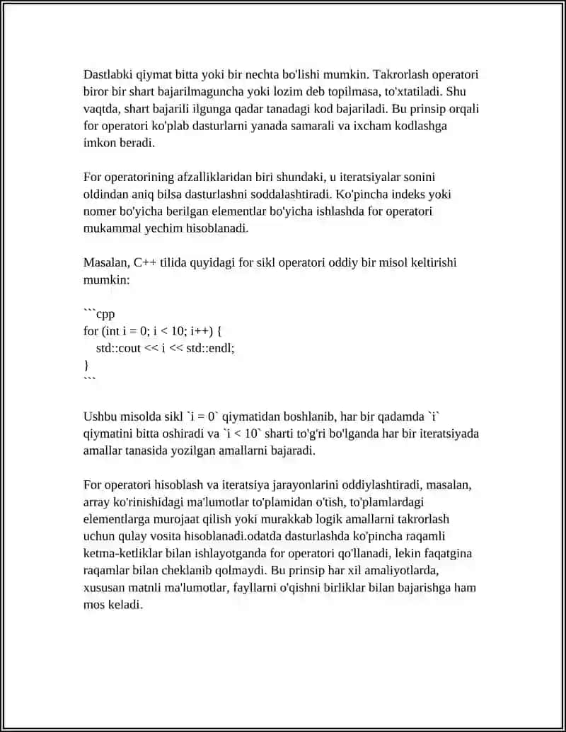 FOR TAKRORLASH OPERATORINING ISHLASH PRINSIPI HAQIDA MAʼLUMOT YIGʻIB SHU OPERATORGA OID 20 DASTURLAR TUZISH 4