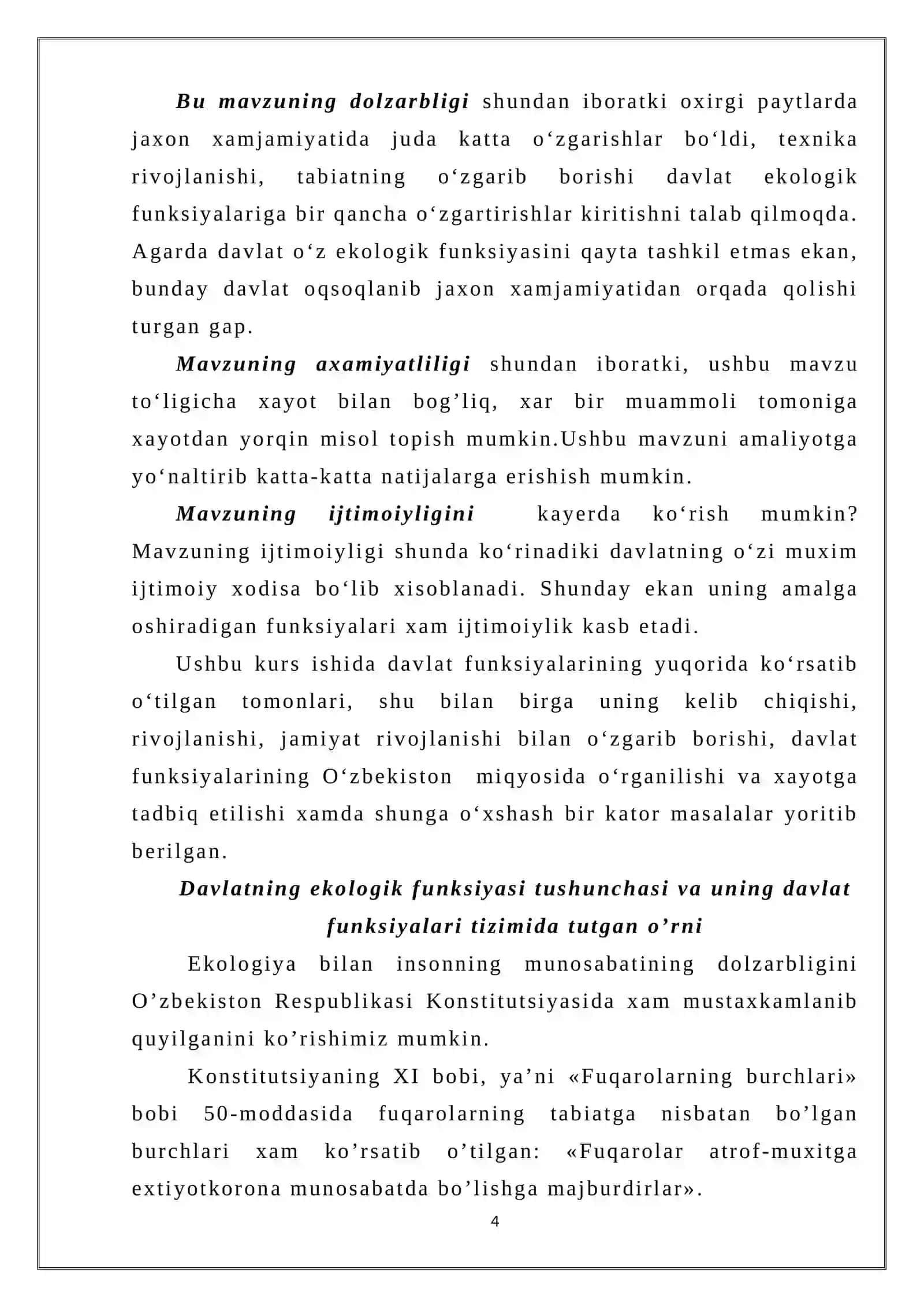 “DAVLATNING EKOLOGIK FUNKSIYASI” MAVZUSIDAGI KURS ISHI 4